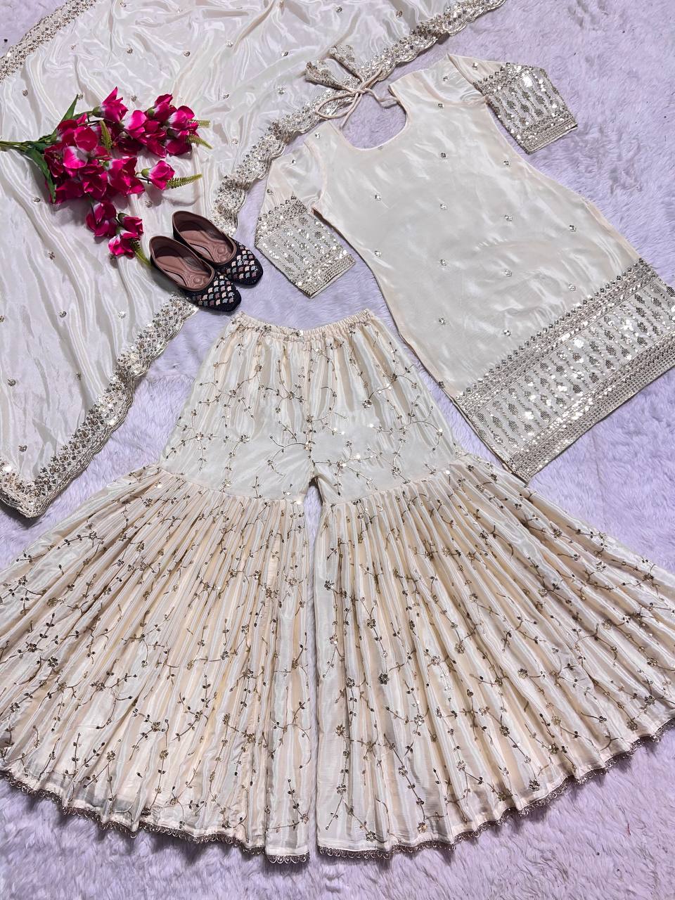 Designer Party Wear Top , Sharara And Dupatta In Fancy Style