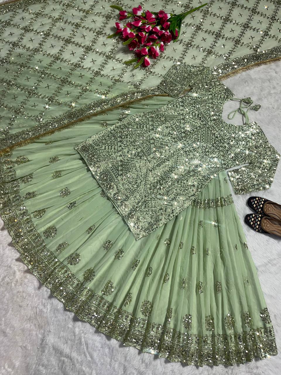 Beautiful Party Wear Top Lehenga With Fancy Border Work