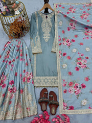 Designer Party Wear Look Pur Chinon Silk Top Plazzo & Dupatta