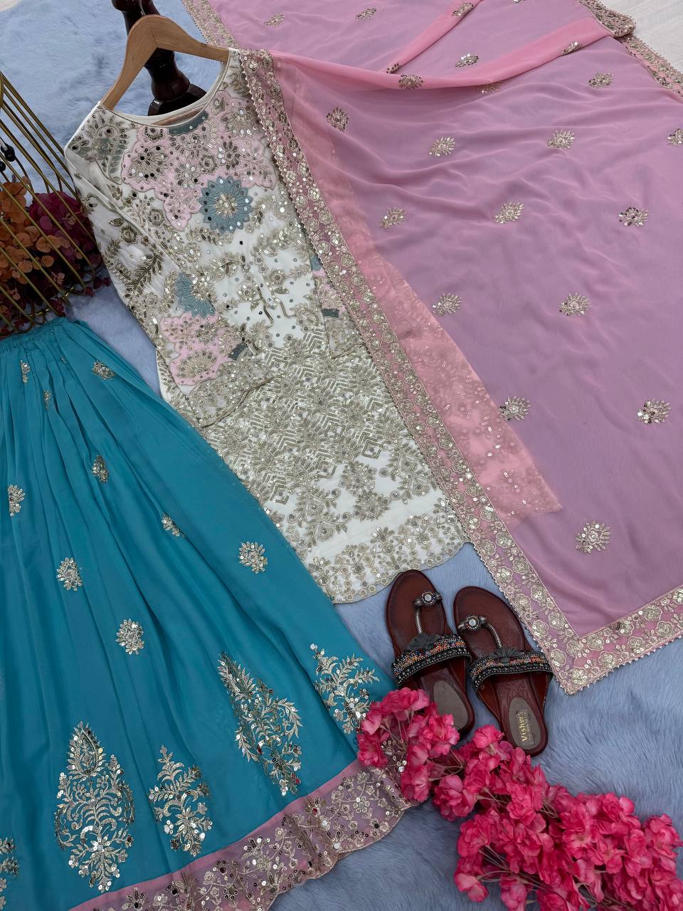 Designer Party Wear Look Top Plazzo & Dupatta Set