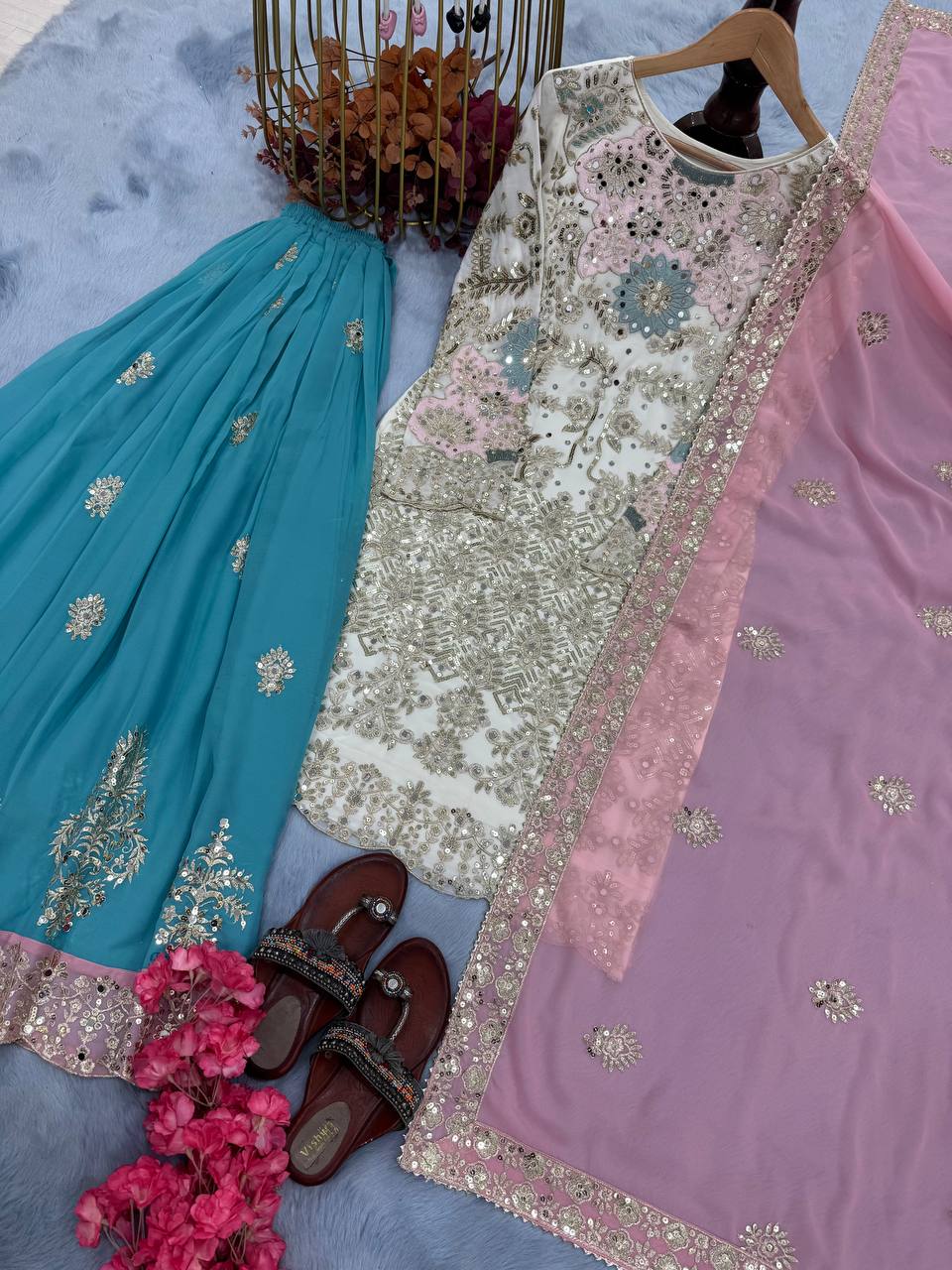 Designer Party Wear Look Top Plazzo & Dupatta Set