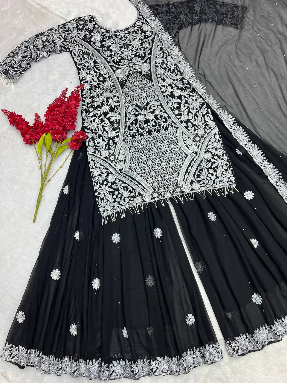 Party Wear Suit Set With Embroidery Work With Stone Hand Work