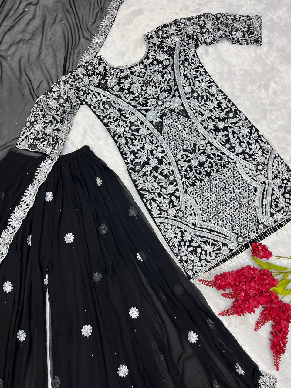 Party Wear Suit Set With Embroidery Work With Stone Hand Work