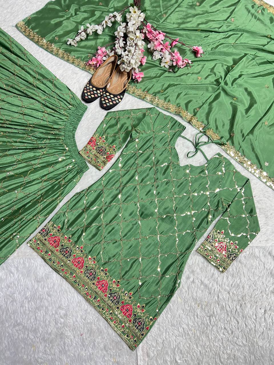 Designer Party Wear Look Top, Sharara Plazzo And Dupatta