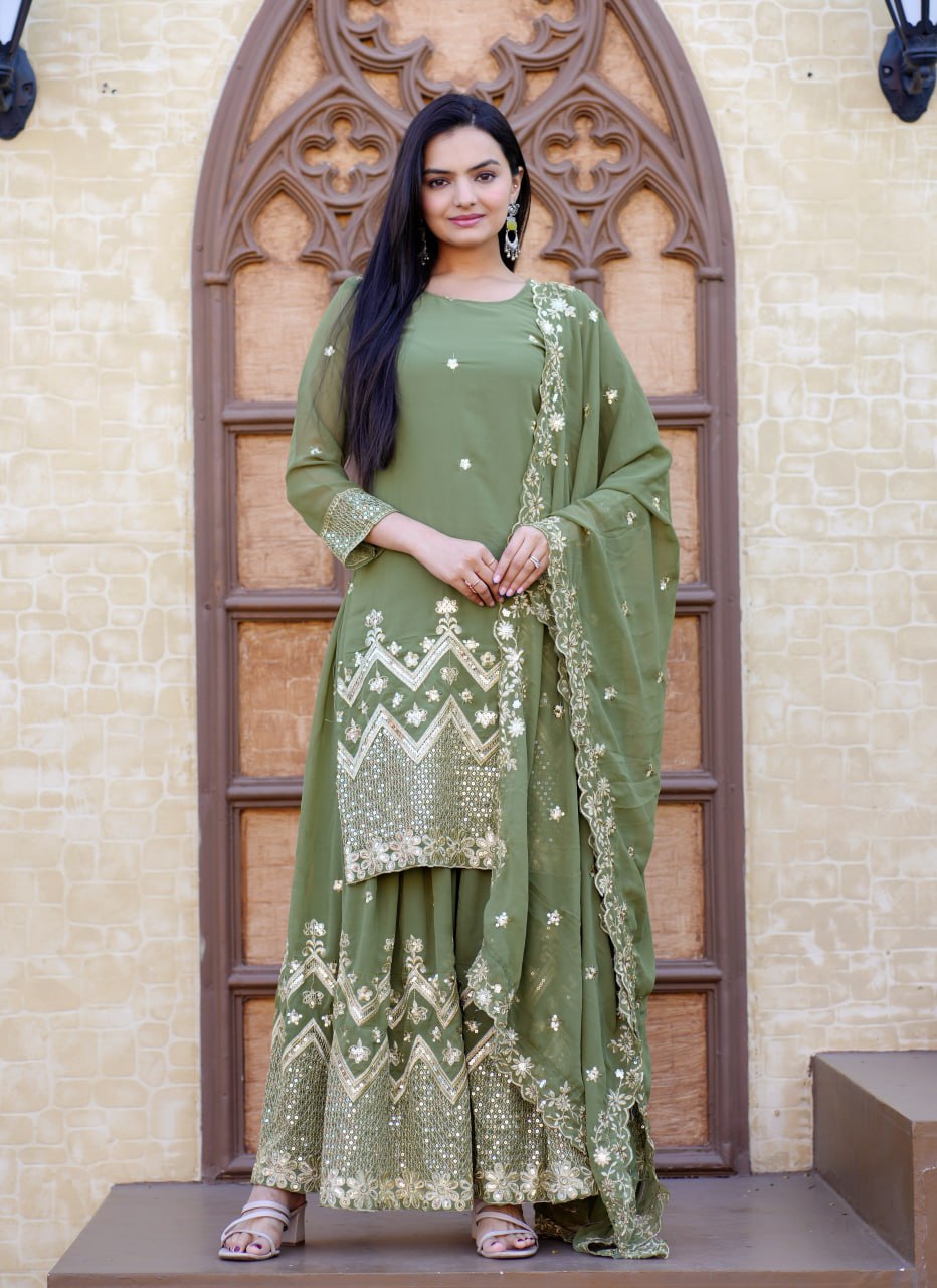 Designer Sharara Suit With Sequence Embroidered Work