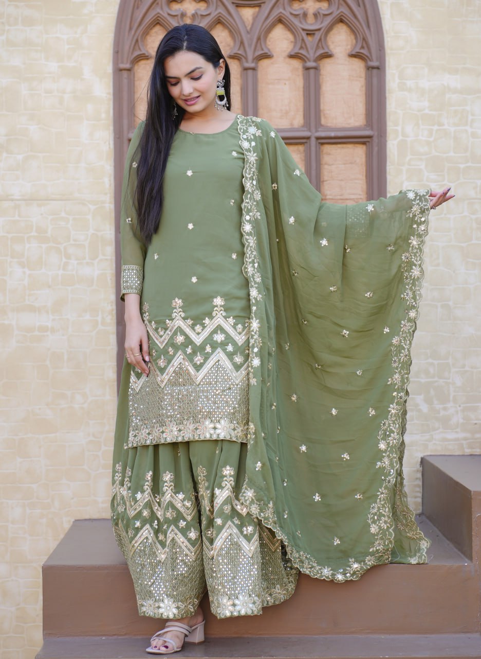 Designer Sharara Suit With Sequence Embroidered Work