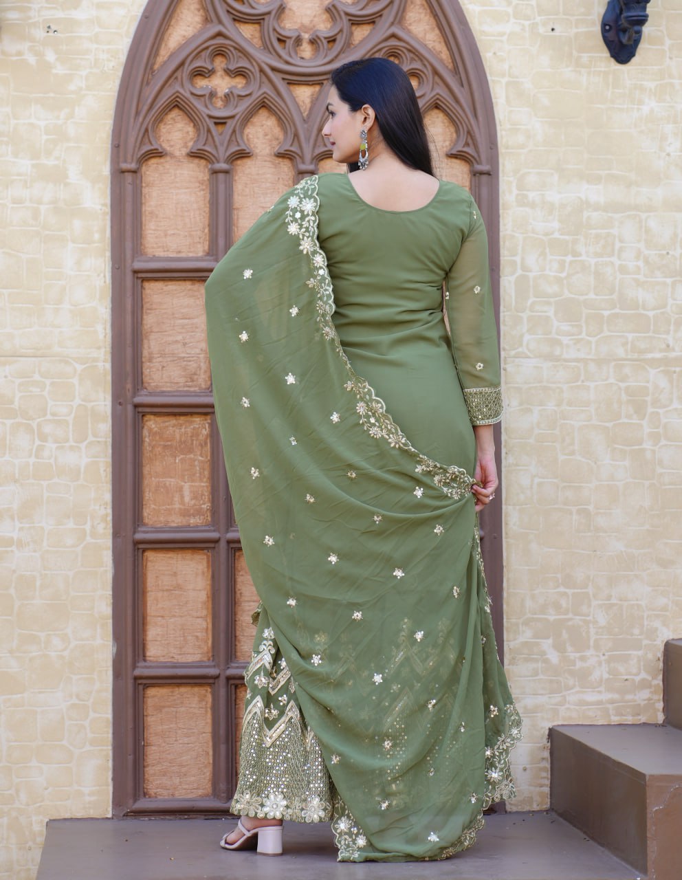 Designer Sharara Suit With Sequence Embroidered Work