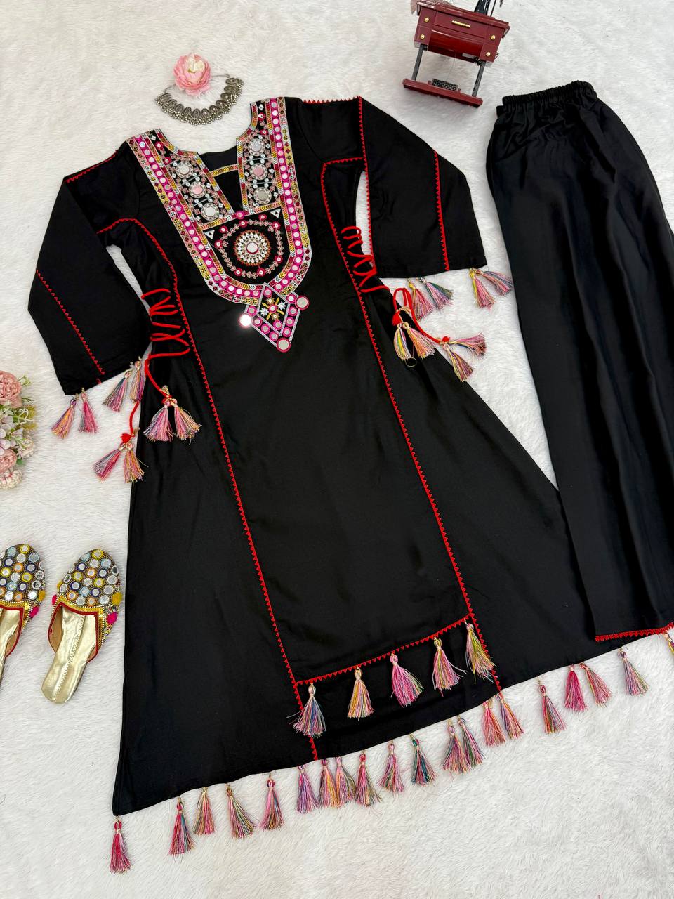 Party Wear Designer Top And Bottom With Thread & Real Mirror Work