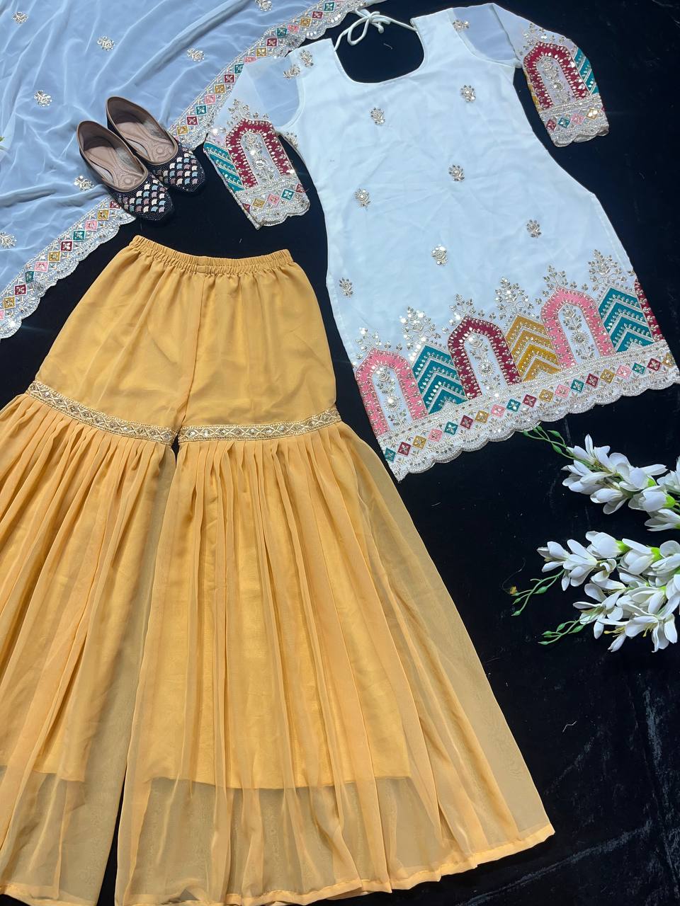 Designer Party Wear Look Top , Sharara Plazzo And Dupatta