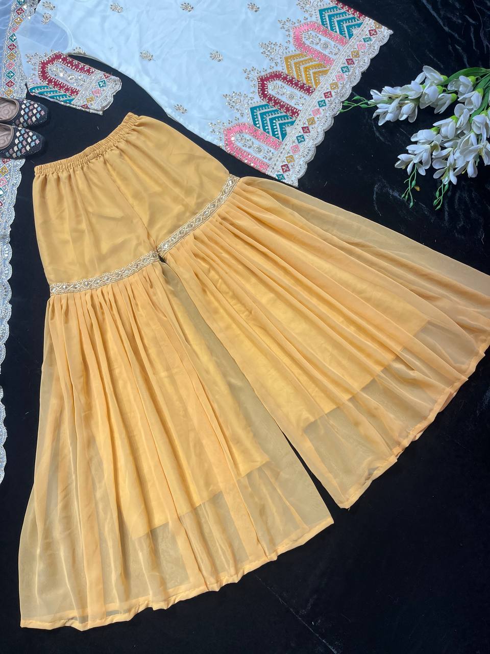 Designer Party Wear Look Top , Sharara Plazzo And Dupatta