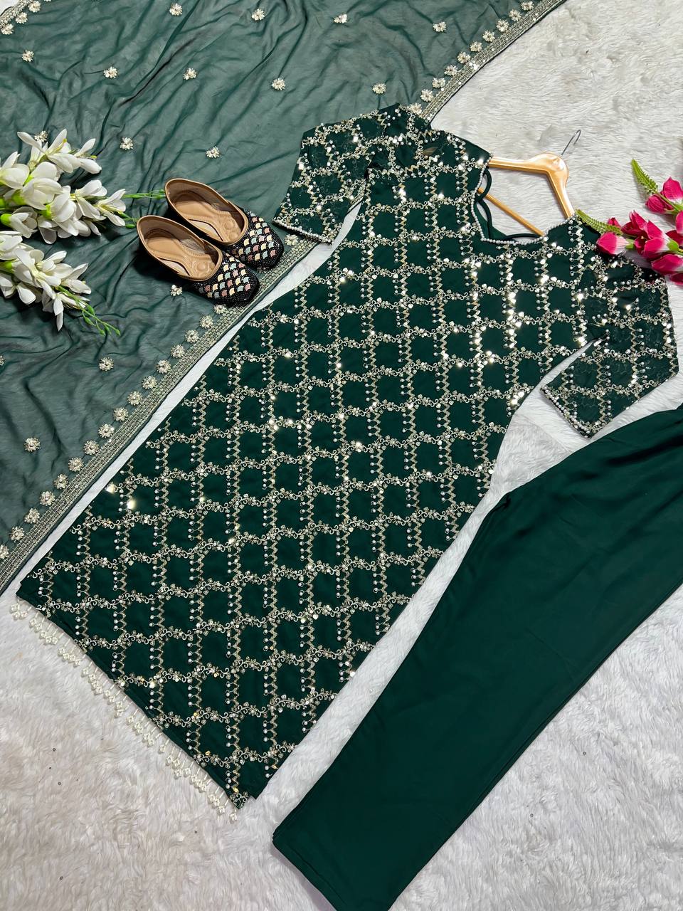 Designer Long Top , Pant and Dupatta In Fancy Style