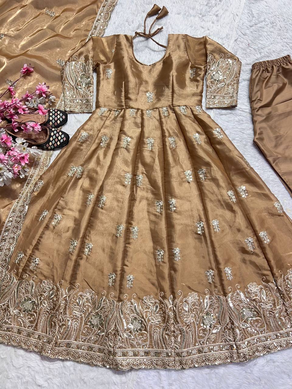 Anarkali Gown And Pent With Dupatta With Sequence And Embroidery Work