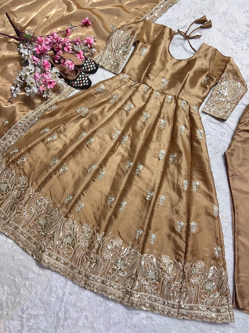 Anarkali Gown And Pent With Dupatta With Sequence And Embroidery Work