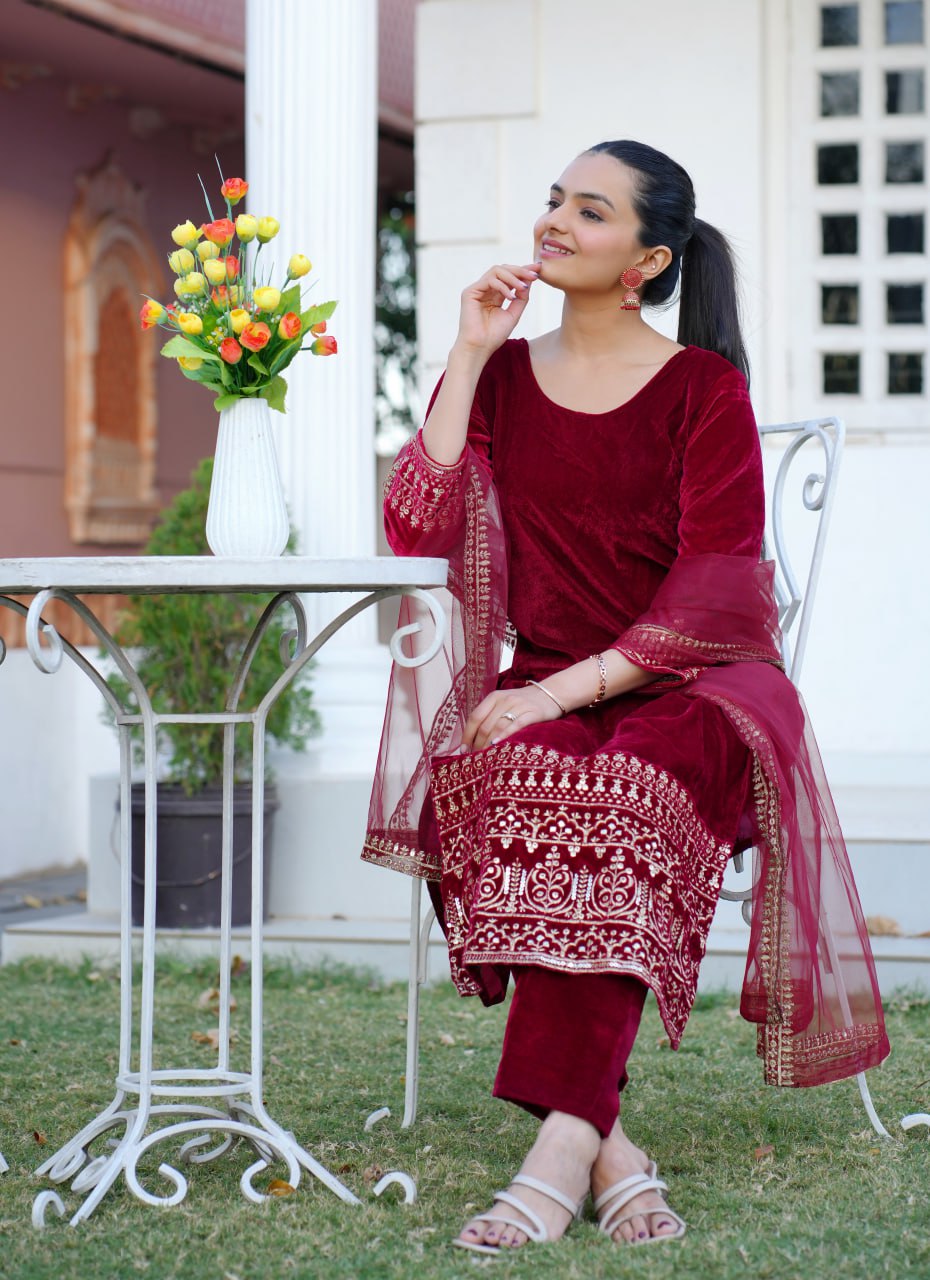 Beautiful Embroidered Velvet Suit With Sequence Embroidered Work