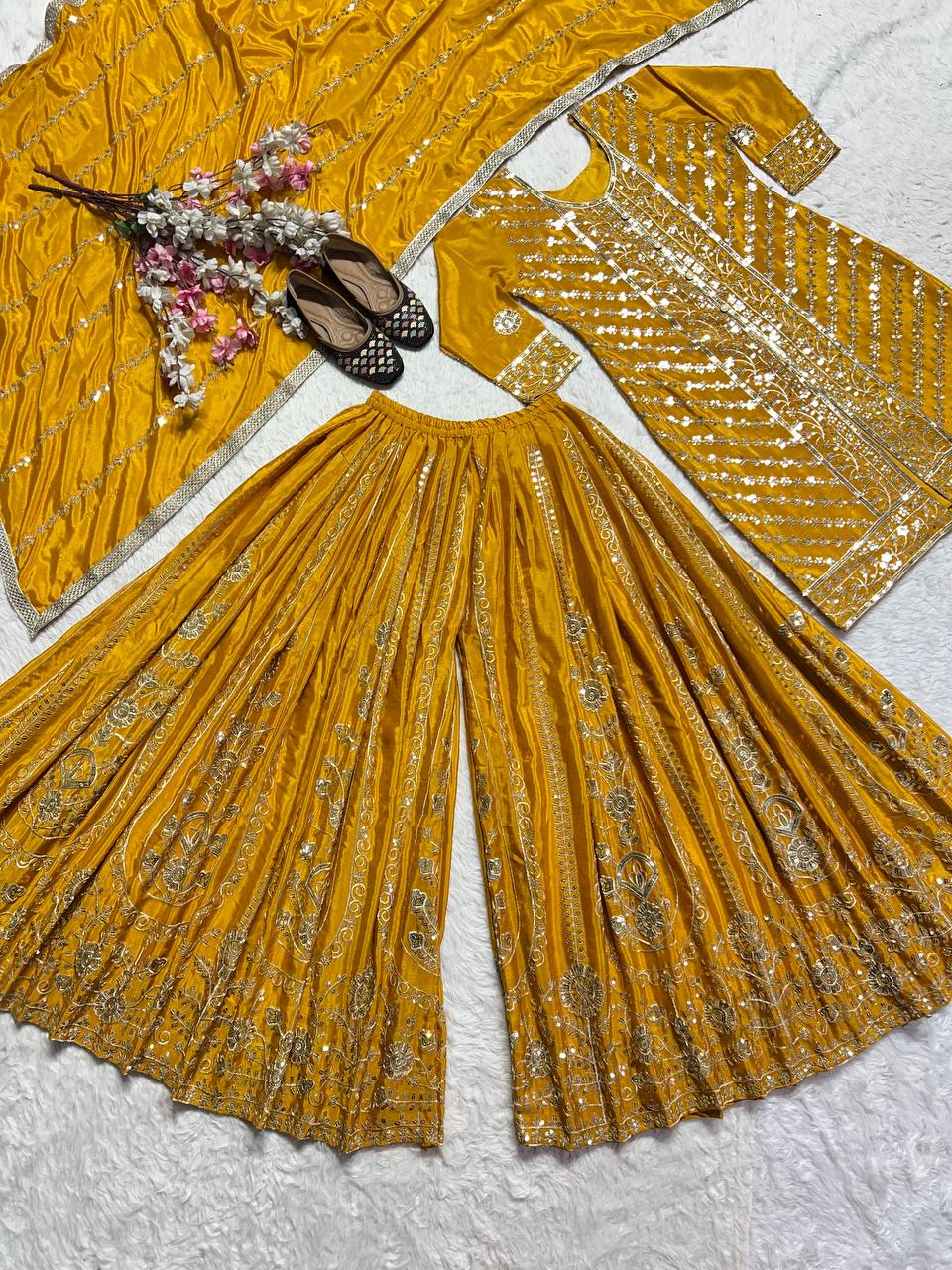Designer Party Wear Top-Plazzo And Dupatta With Heavy Embroidery Work