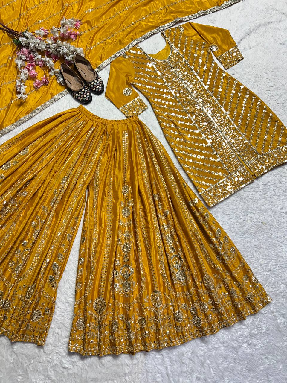 Designer Party Wear Top-Plazzo And Dupatta With Heavy Embroidery Work