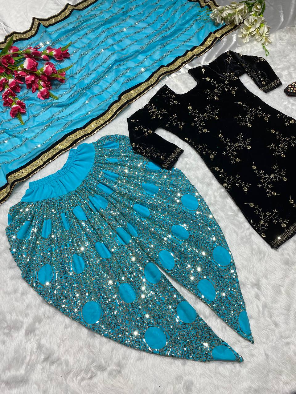 Designer Party Wear Look Top ,Dhoti Salwar And Dupatta