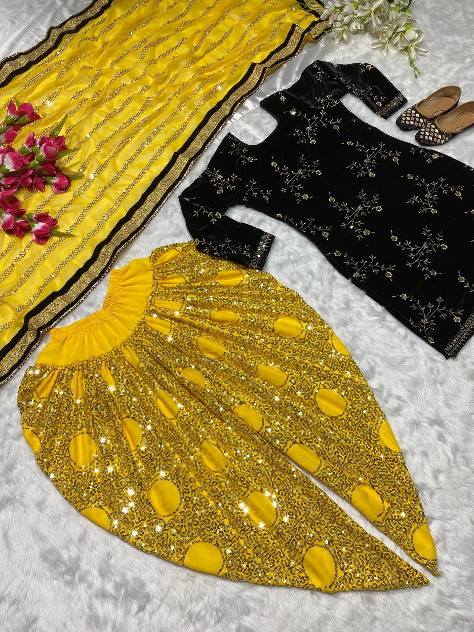 Designer Party Wear Look Top ,Dhoti Salwar And Dupatta