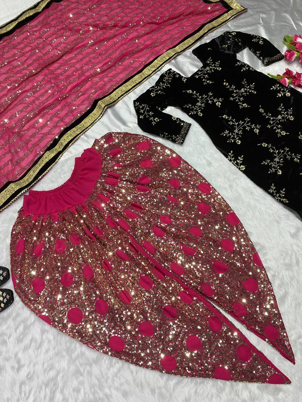 Designer Party Wear Look Top ,Dhoti Salwar And Dupatta