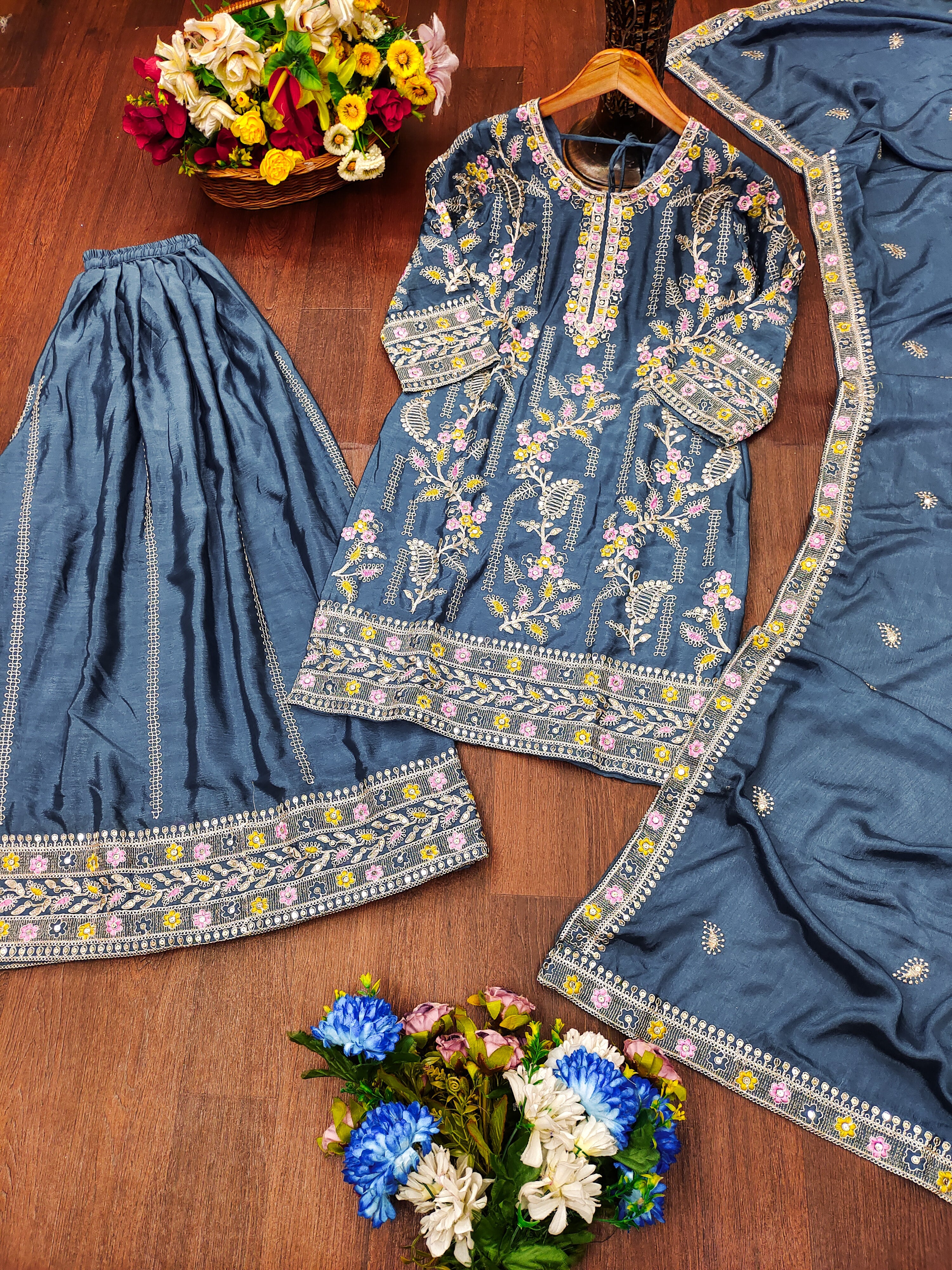 Designer Sharara Suit With Coding Sequence Embroidered Work