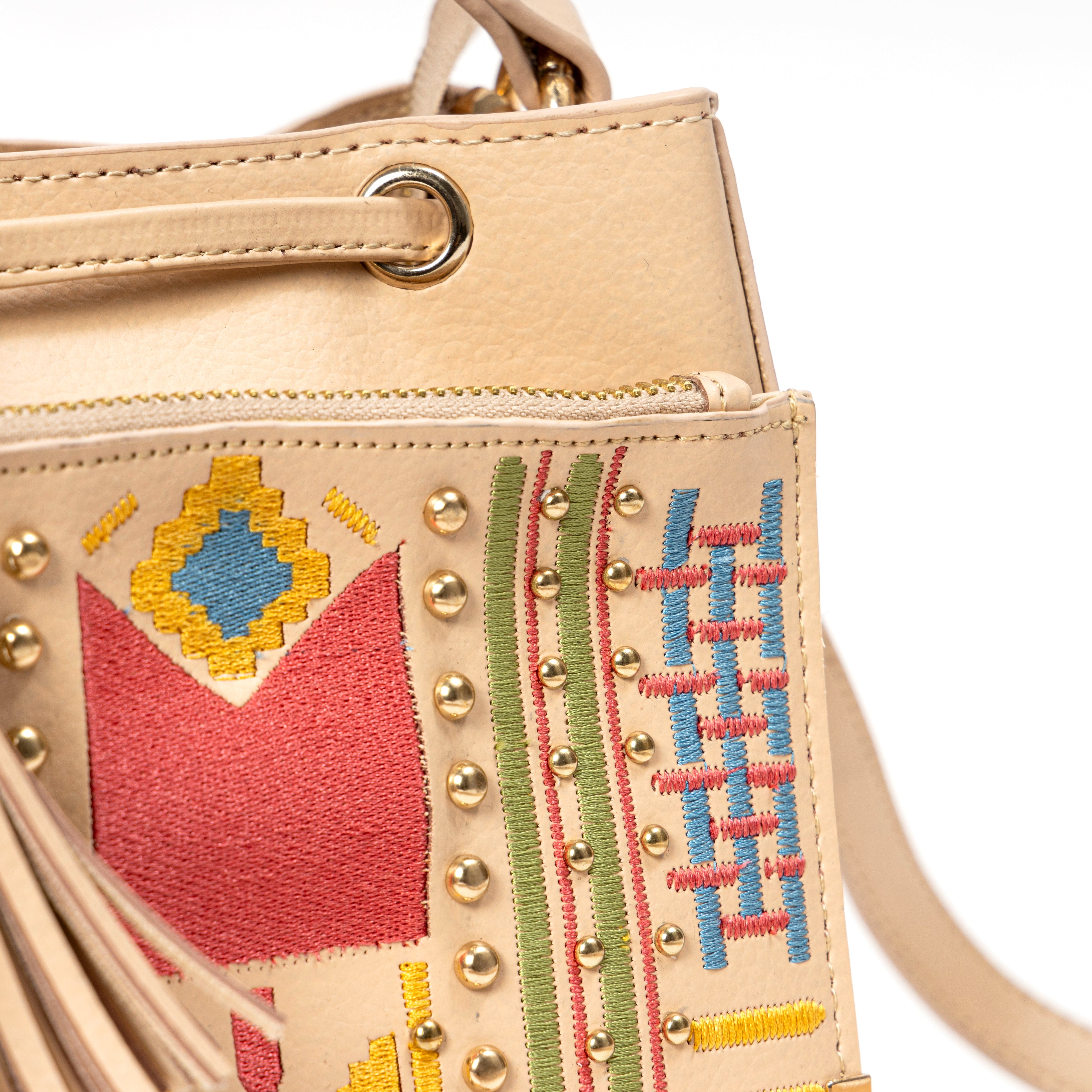 Nora Vegan Leather Embroidered Sling Bag – Almond