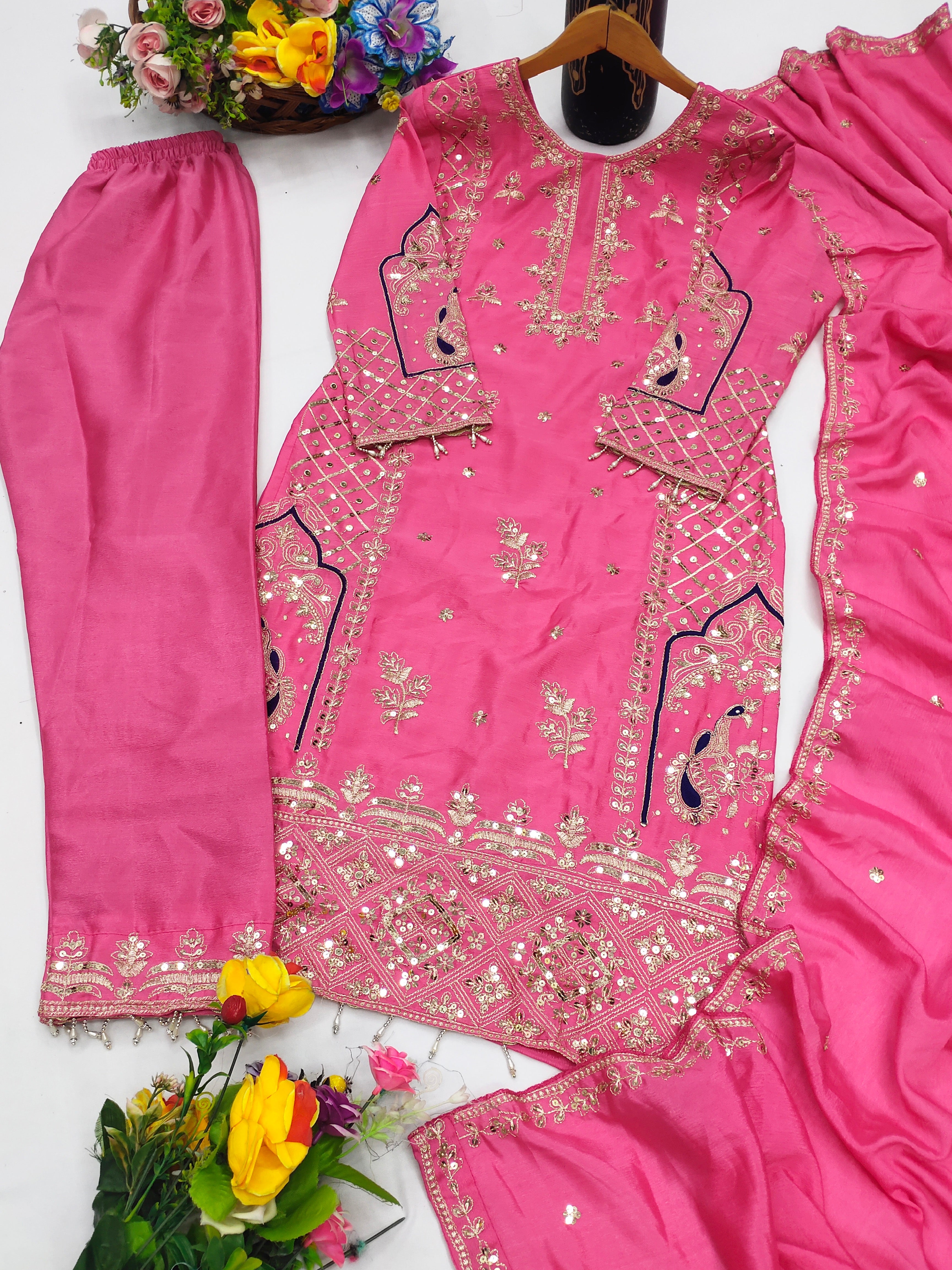 Fancy Suit Pend And Dupatta With Sequence Embroidered Work