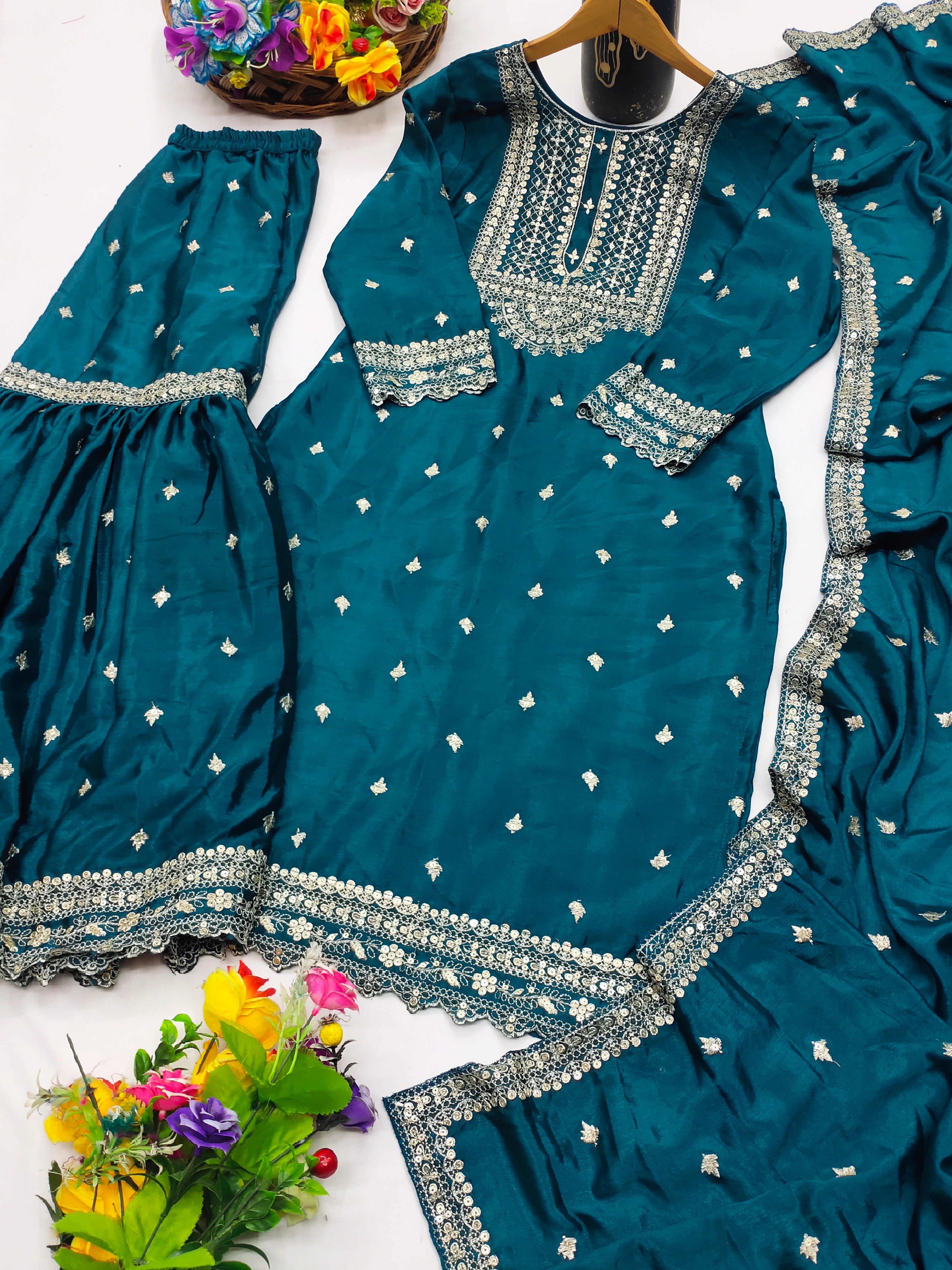 Designer Suit Sharara And Dupatta With Sequence Embroidered Work