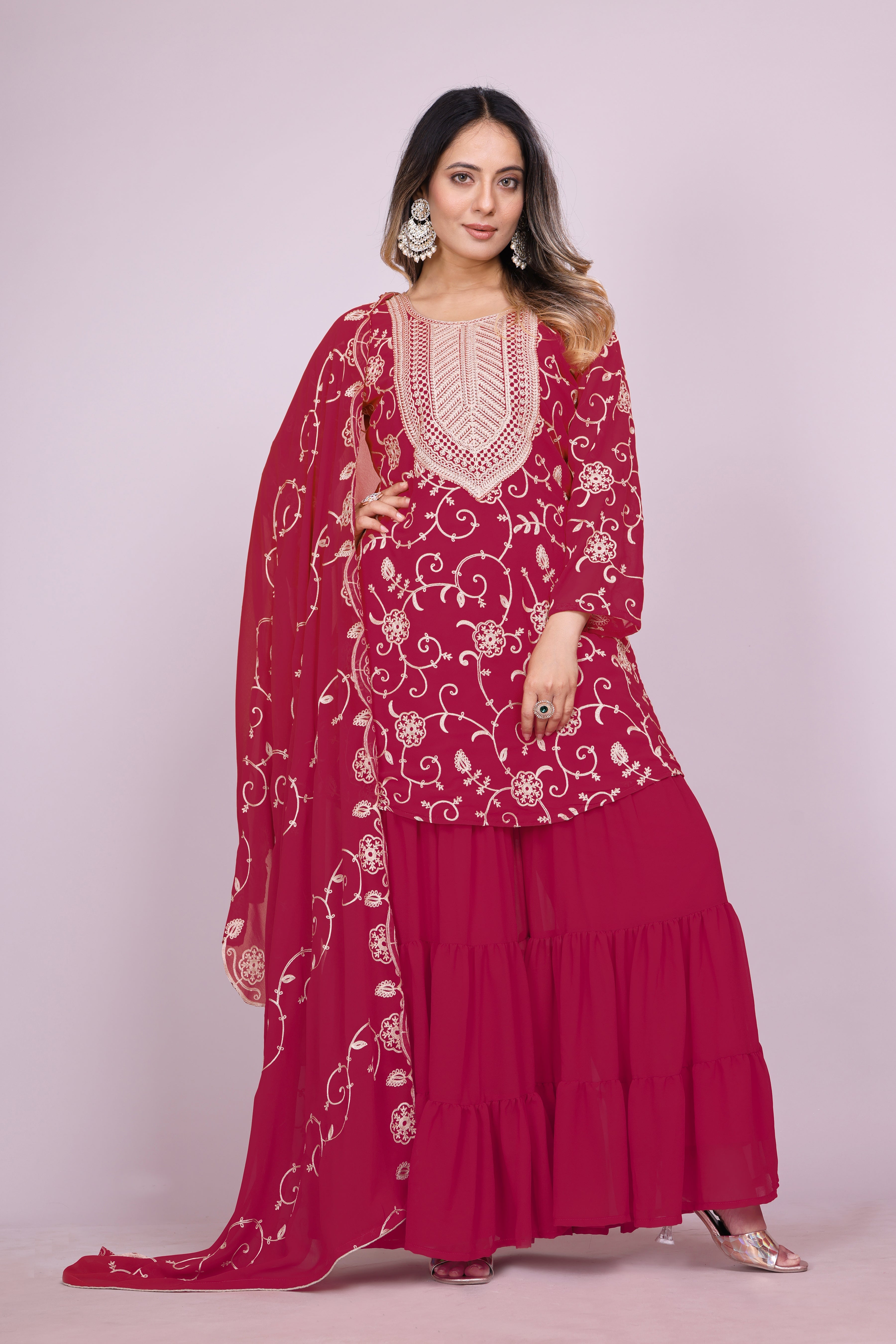 Designer Embroidered Georgette Sharara Suit With Dupatta