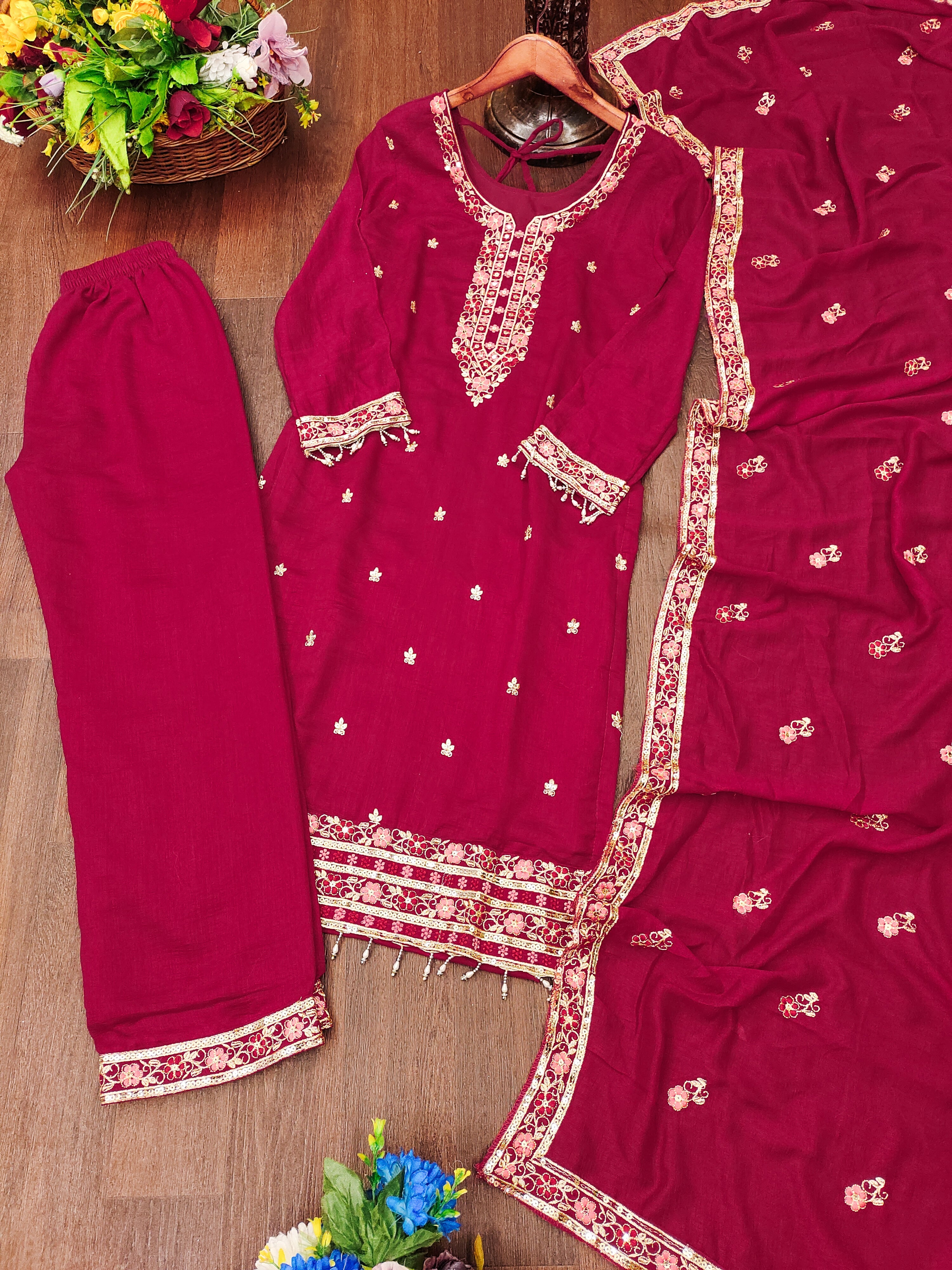 Designer Embroidered Suit Set With Sequence Embroidered Work