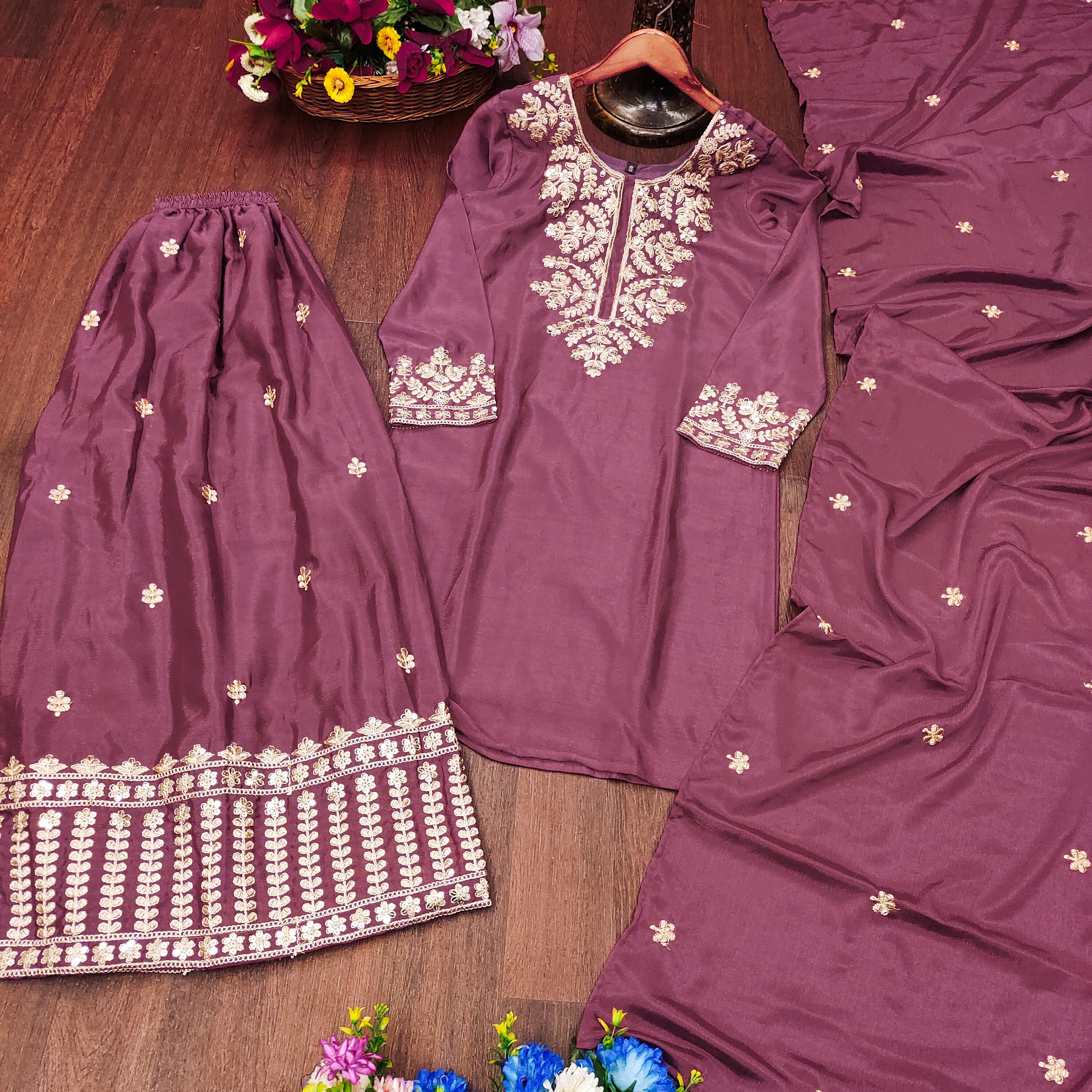 Designer Embroidered Chinon Suit With Sequence Embroidered Work