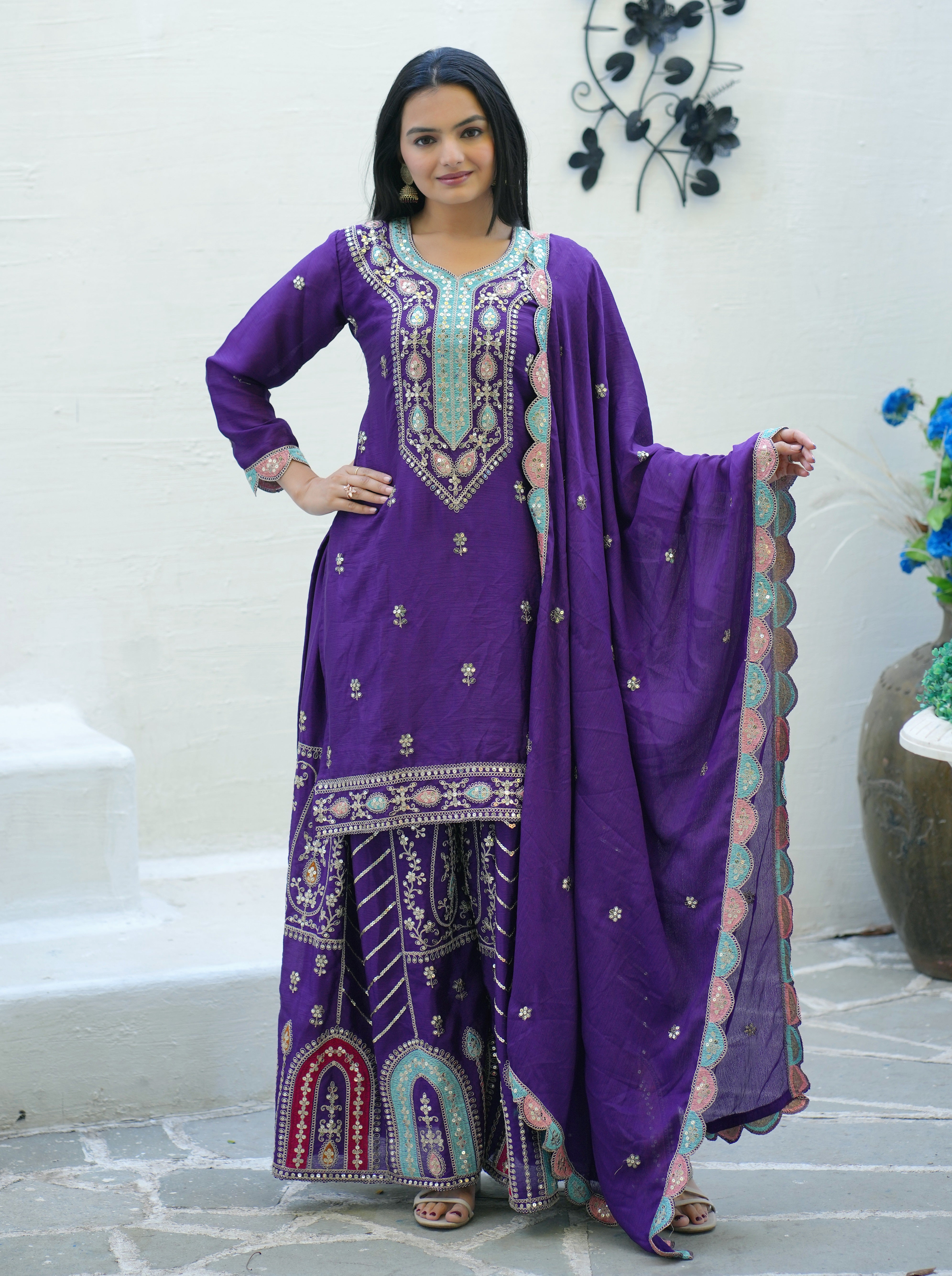 Beautiful Party Wear Suit With Sequence Embroidered Work
