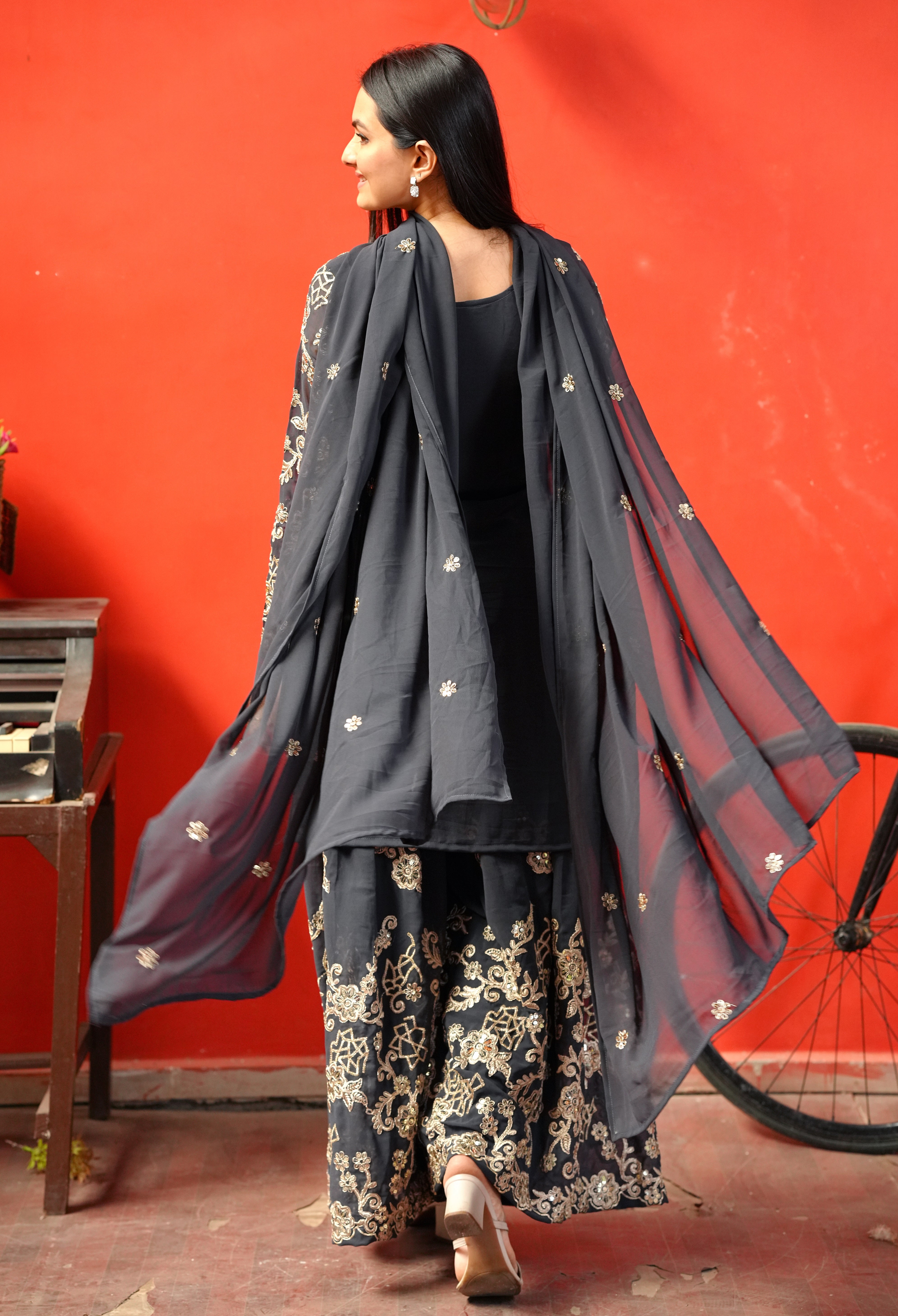 Designer Sharara Suit With Coding Sequence Embroidered Work