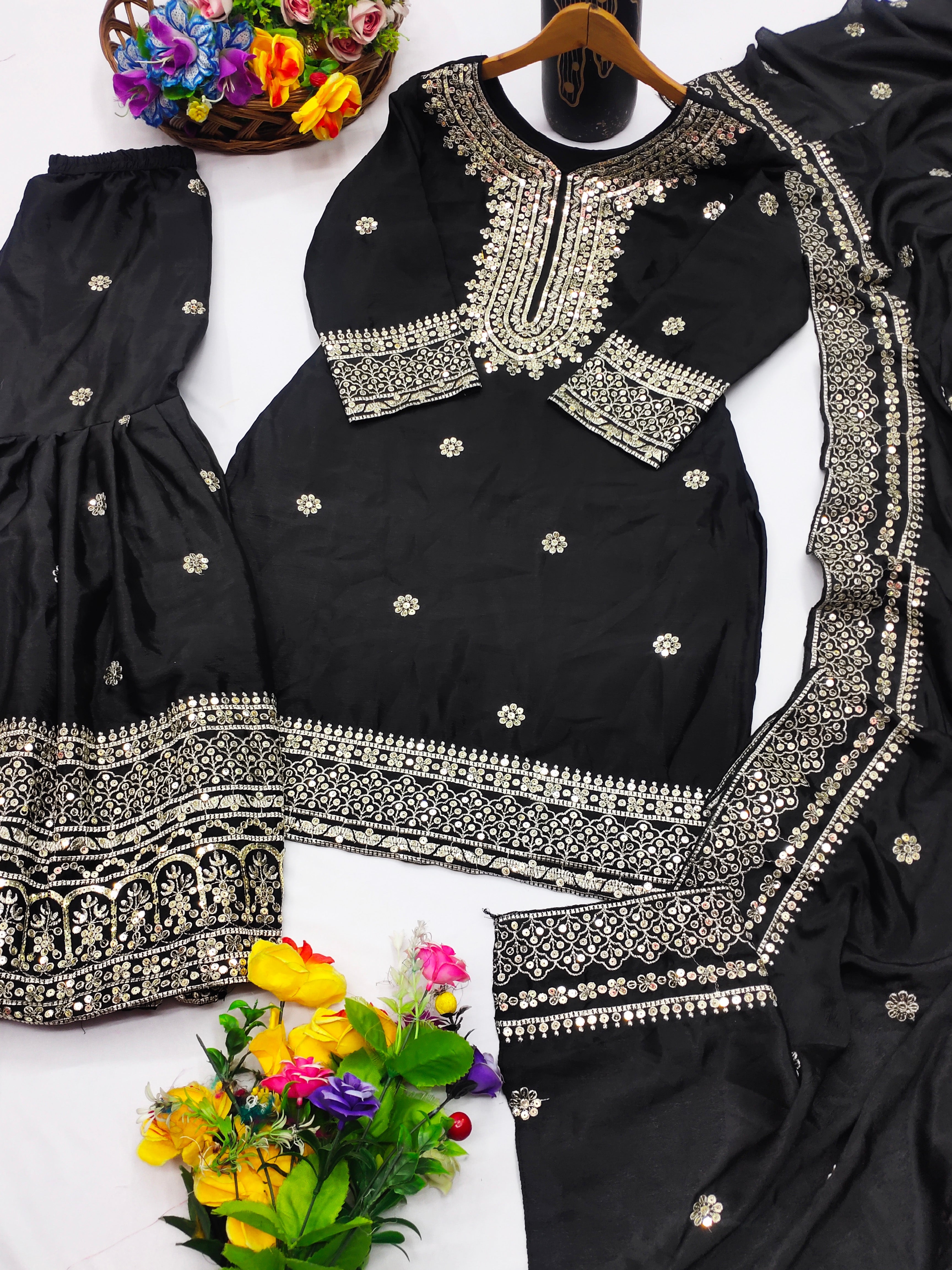 Designer Sharara Suit And Dupatta With Sequence Embroidered Work