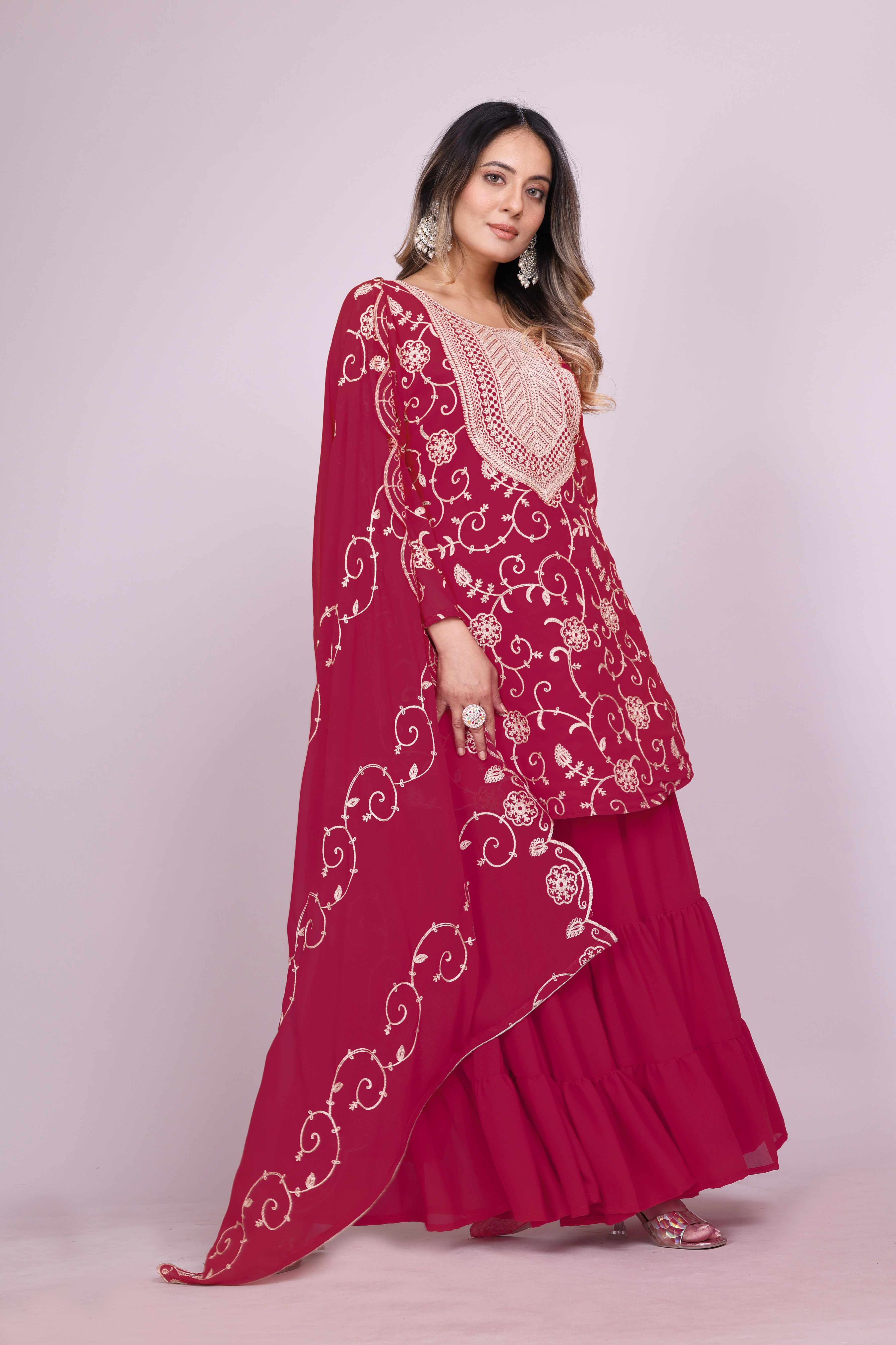 Designer Embroidered Georgette Sharara Suit With Dupatta