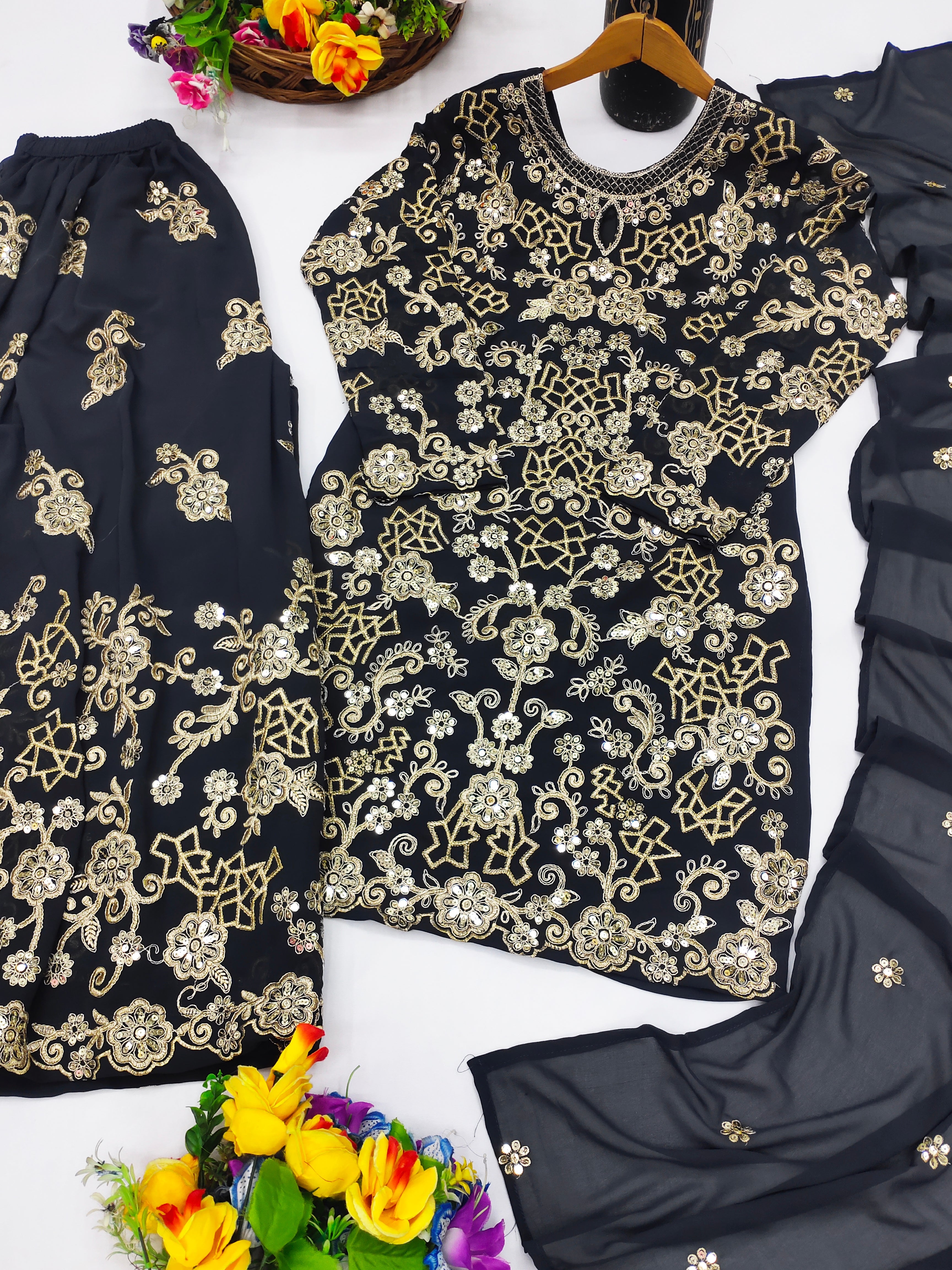 Designer Sharara Suit With Coding Sequence Embroidered Work