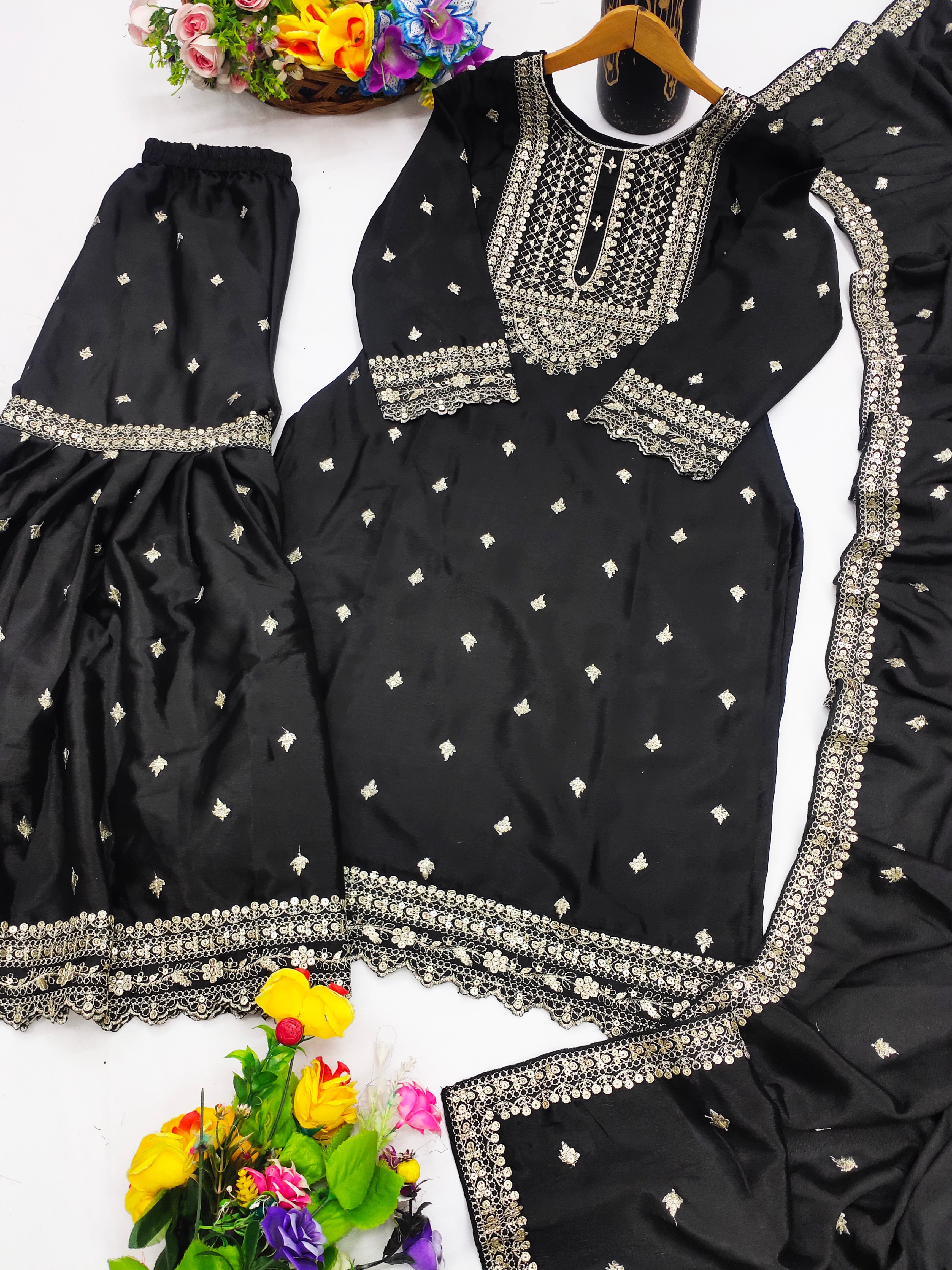 Designer Suit Sharara And Dupatta With Sequence Embroidered Work