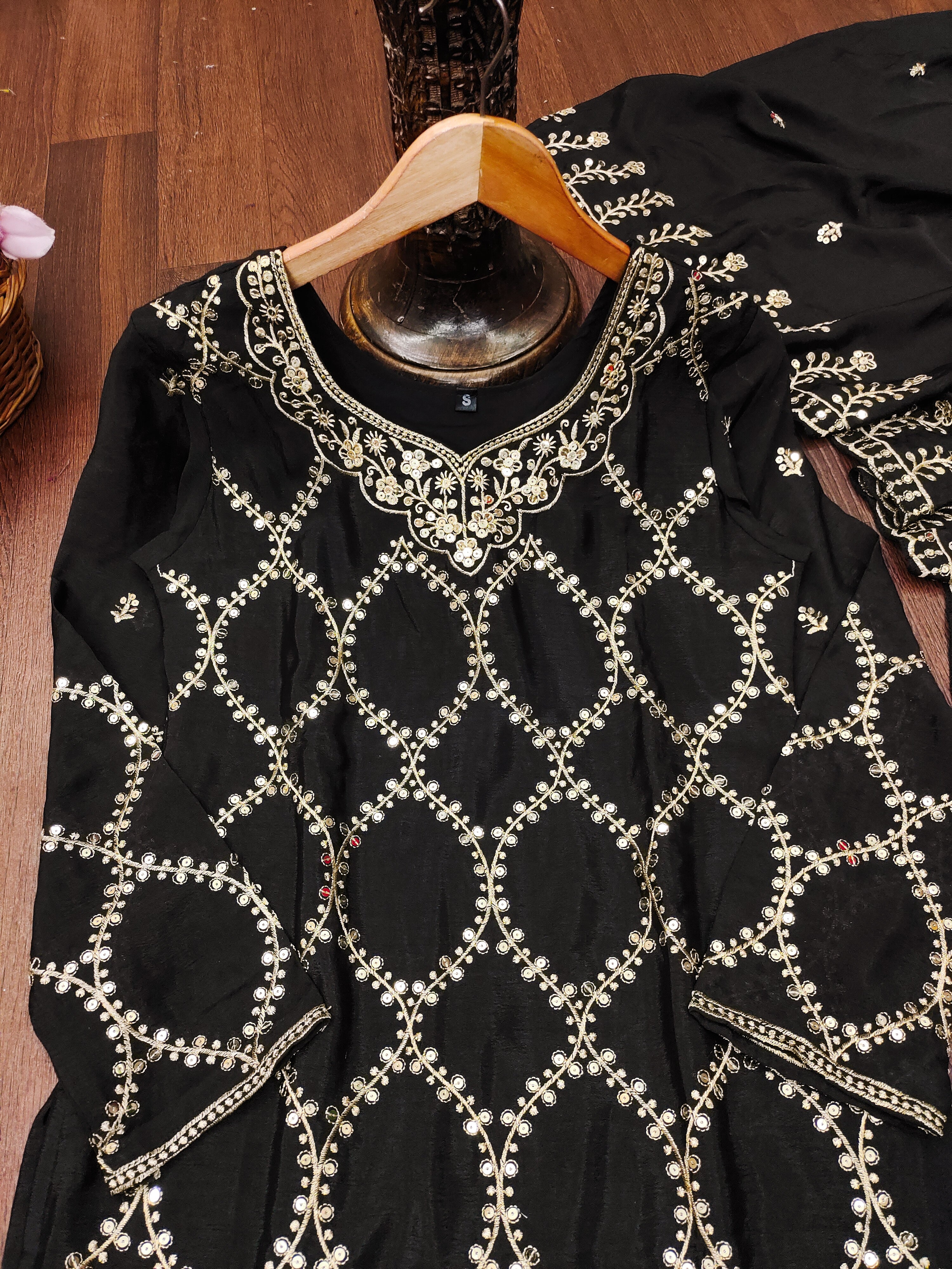 Designer Embroidered Chinon Sharara Suit With Sequence Embroidered Work