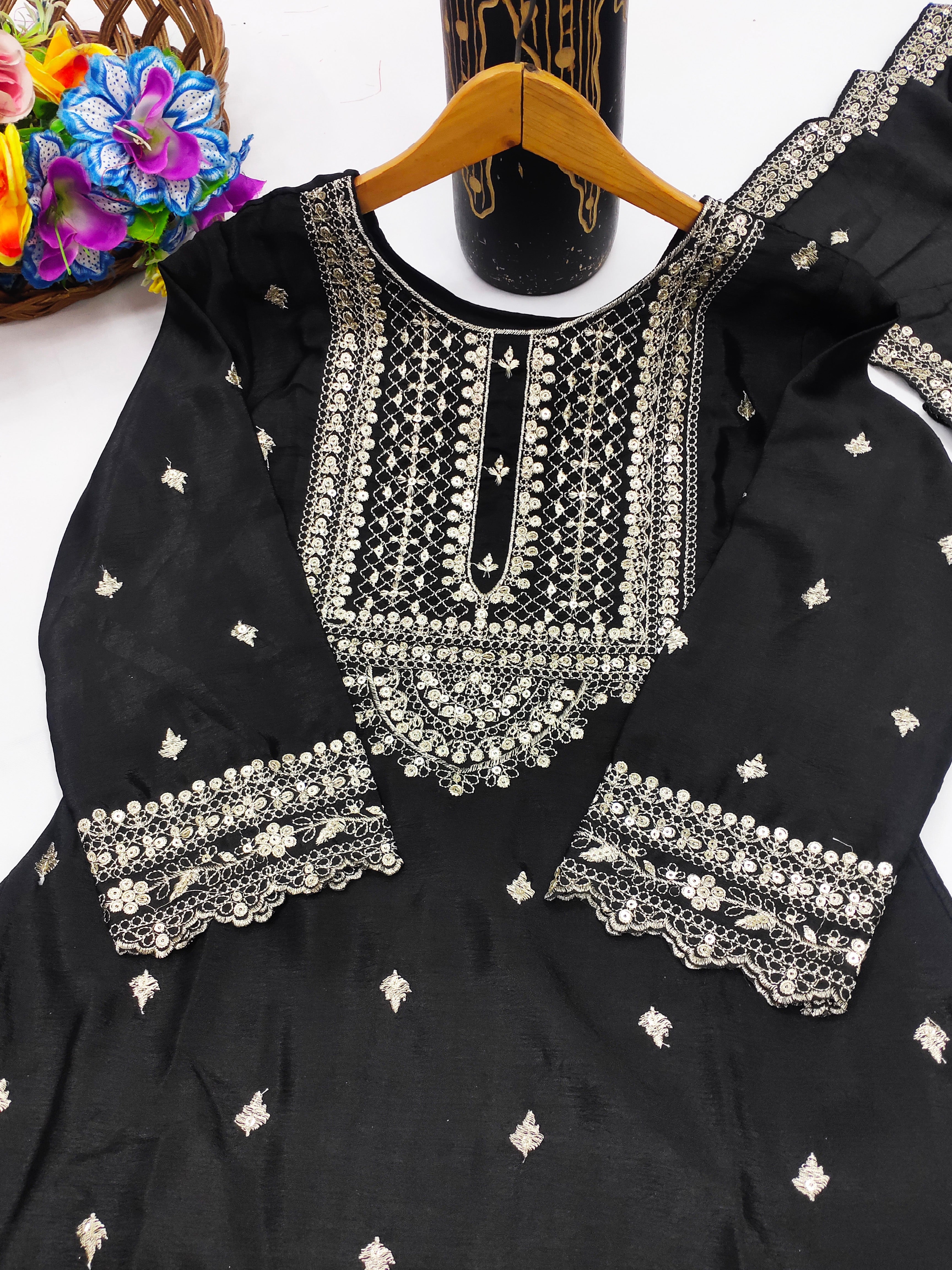 Designer Suit Sharara And Dupatta With Sequence Embroidered Work