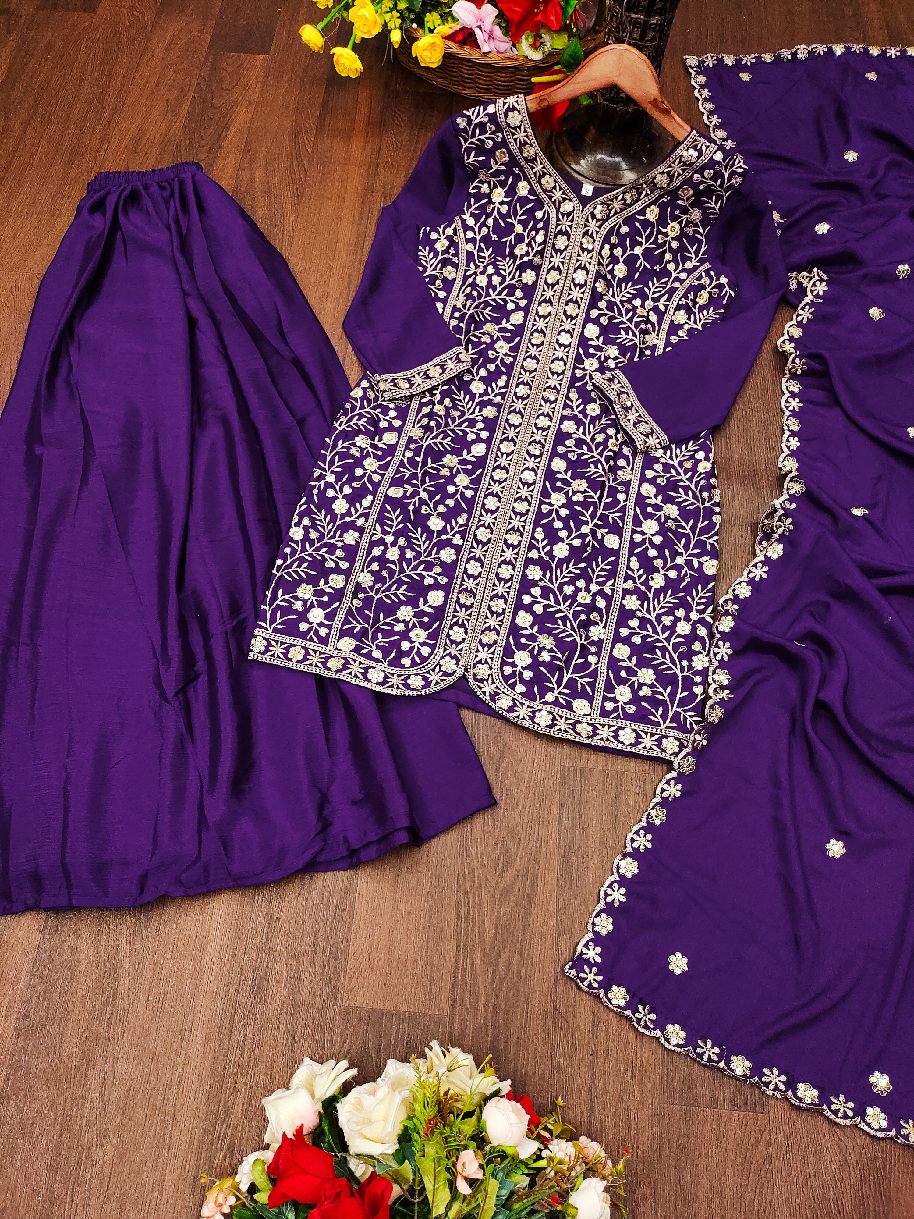 Designer Party Wear Suit Set With Sequence Embroidered Work