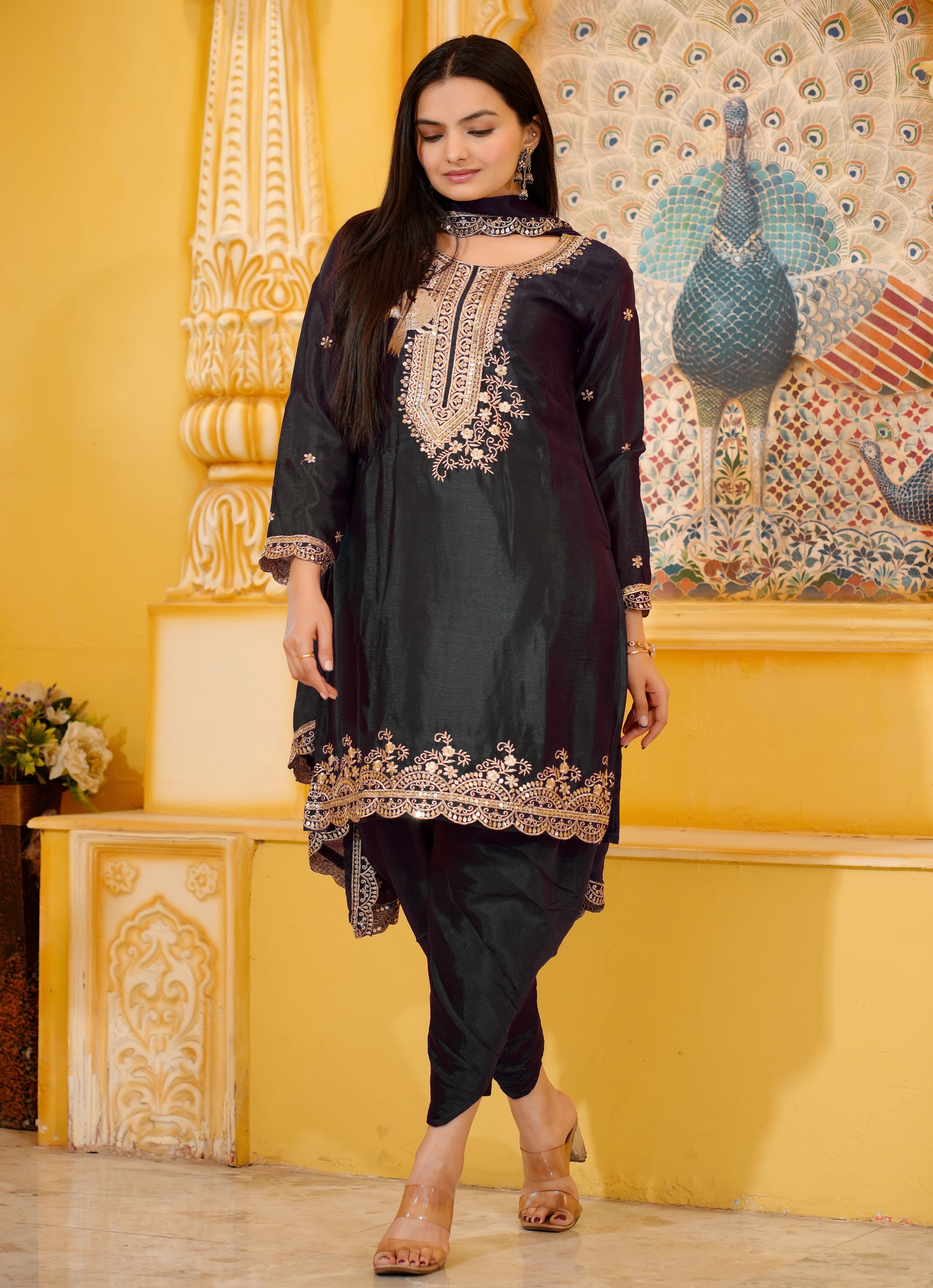 Designer Embroidered Chinon Dhoti Suit With Sequence Embroidered Work