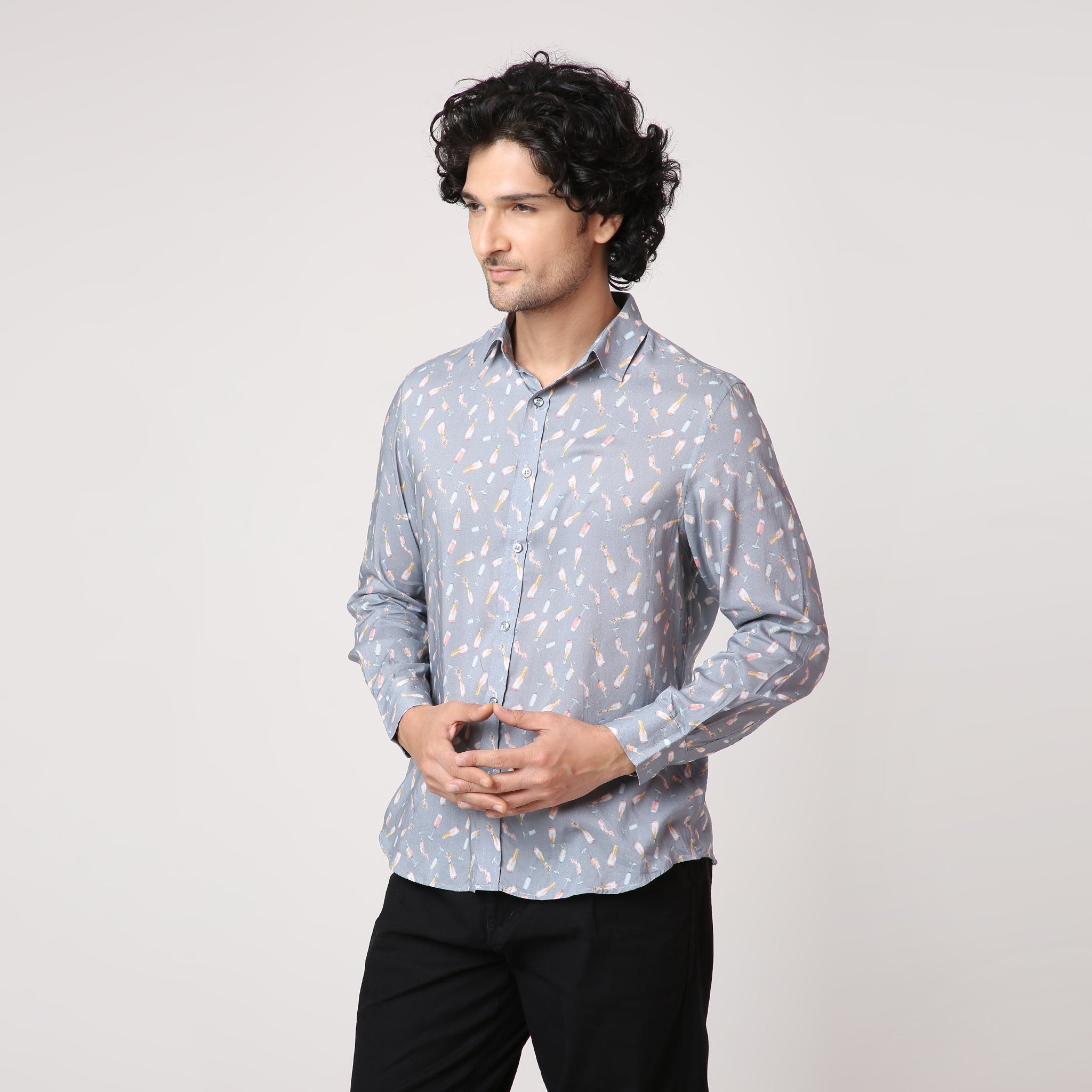 GREY BOTTLE PRINT FULL SLEEVE SHIRT