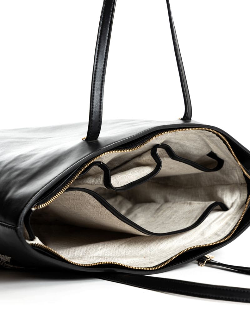 Antheia Vegan Leather Embroidered Tote – Black