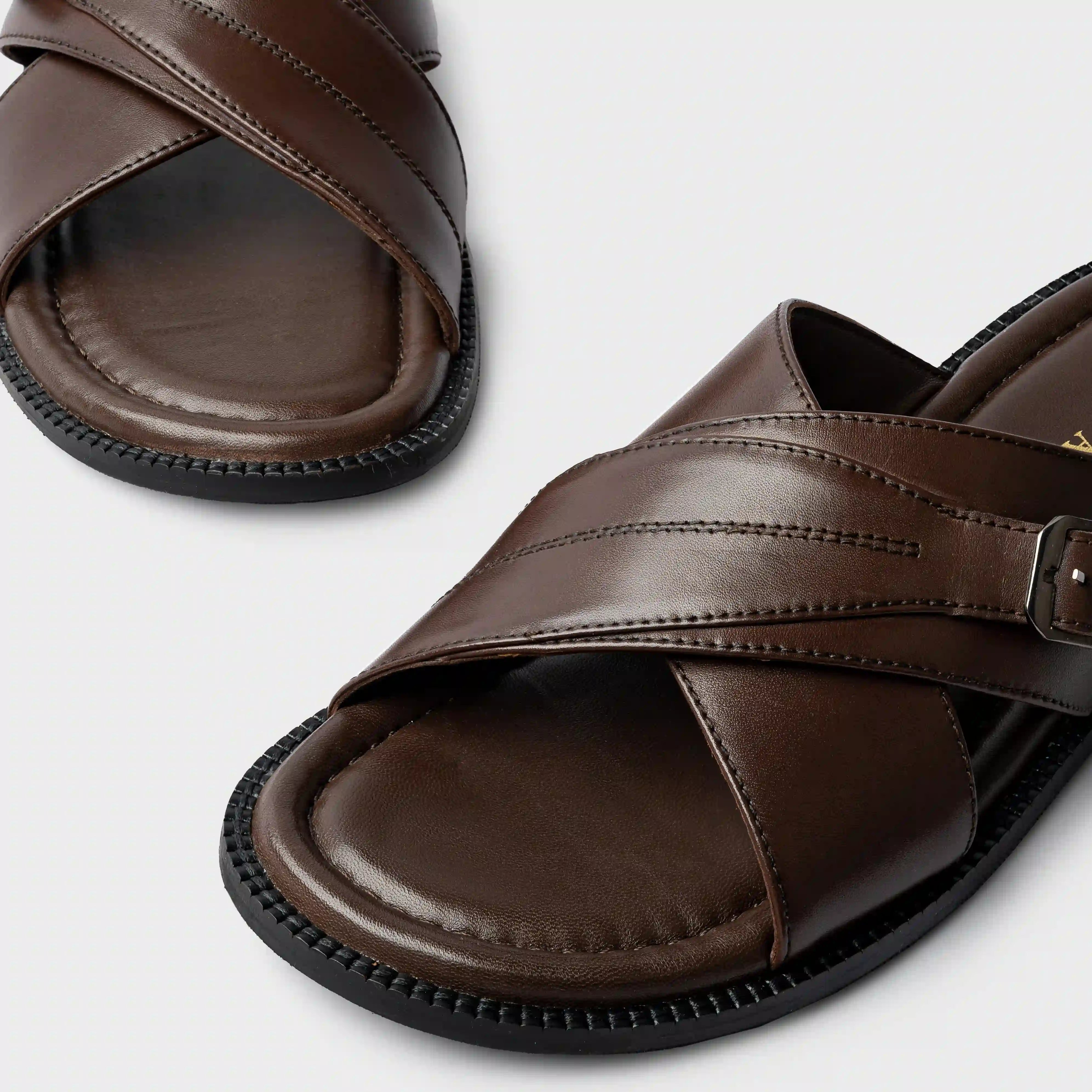 Cross Strap Slippers | Choco Brown Leather