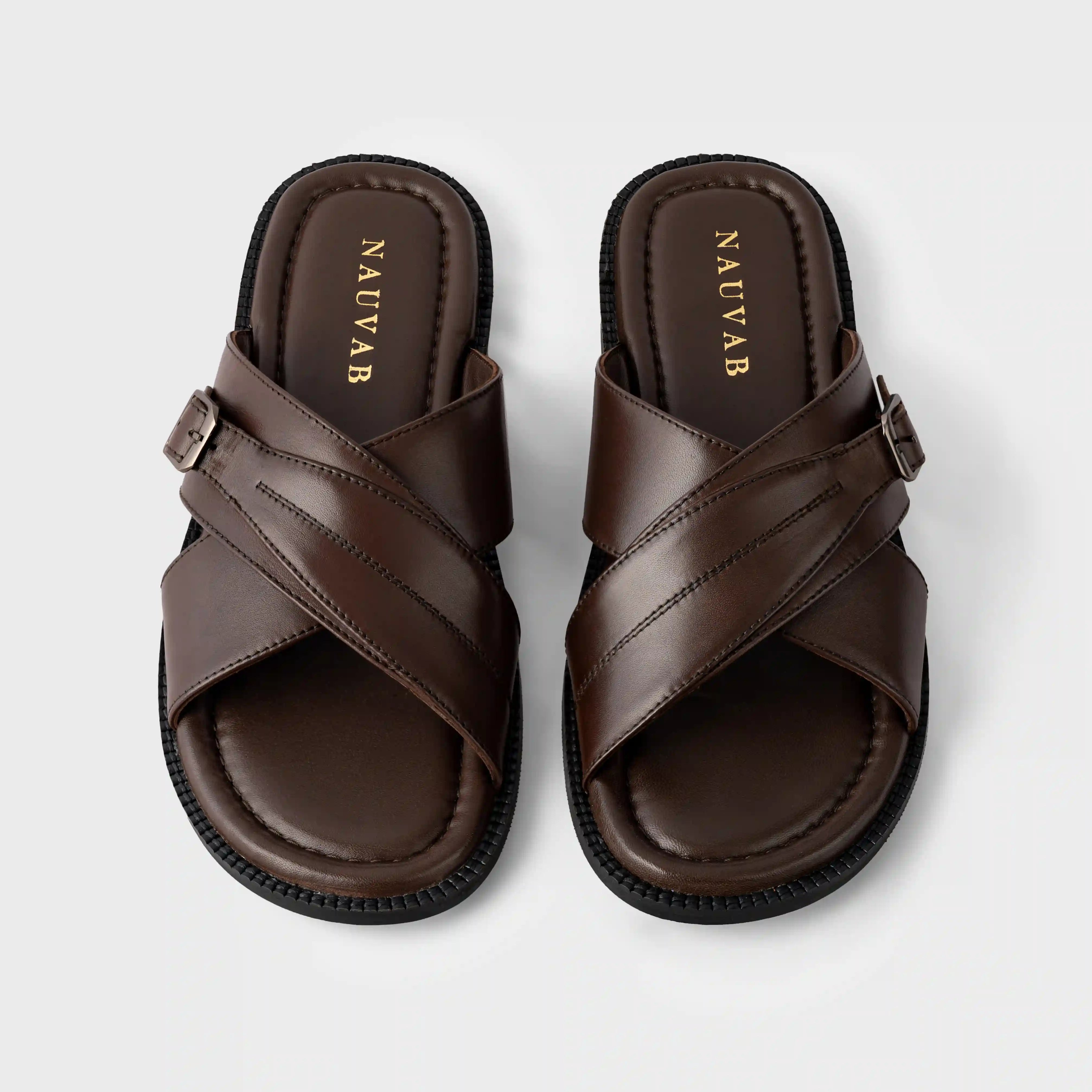 Cross Strap Slippers | Choco Brown Leather