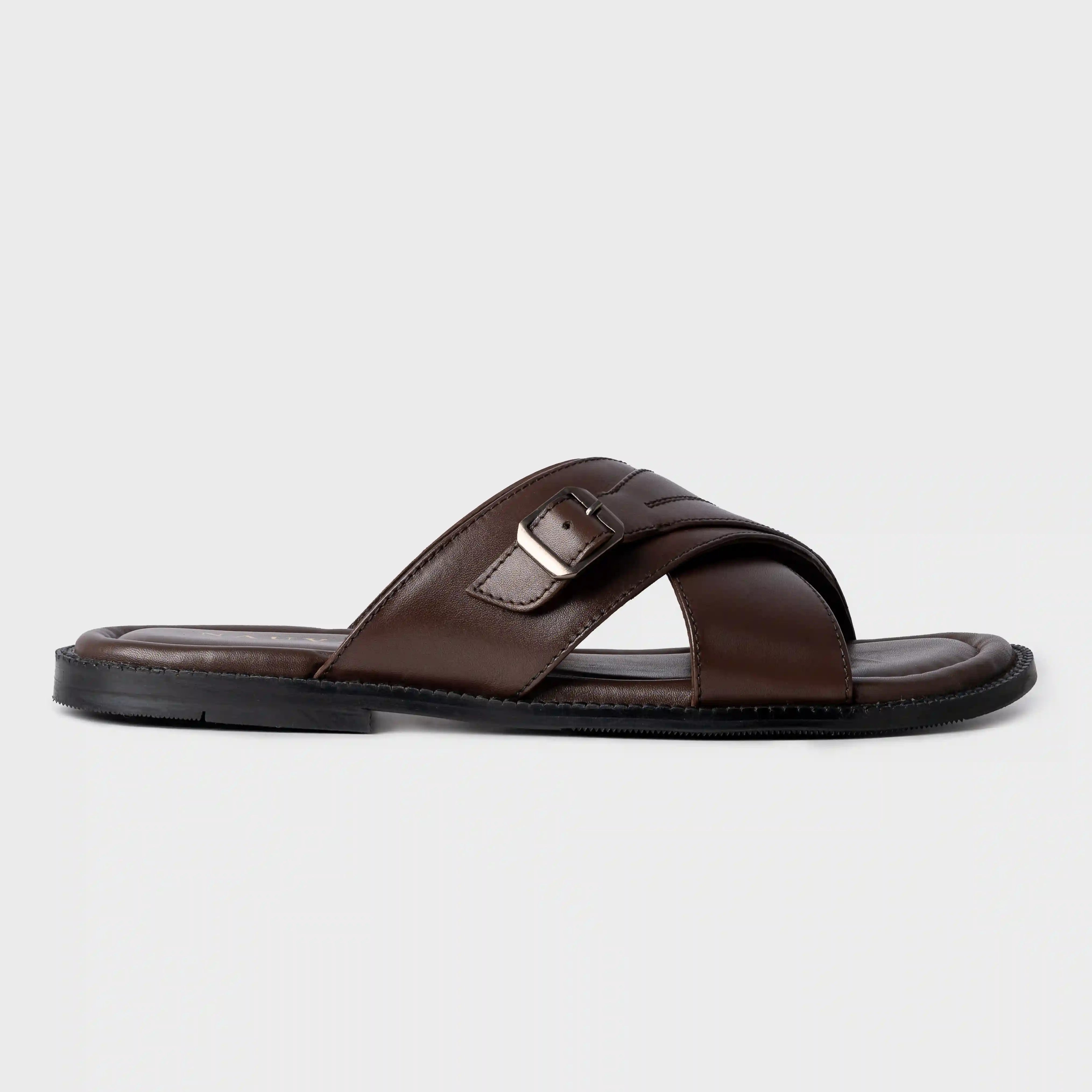 Cross Strap Slippers | Choco Brown Leather