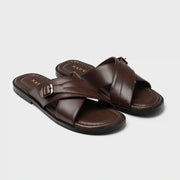 Cross Strap Slippers | Choco Brown Leather