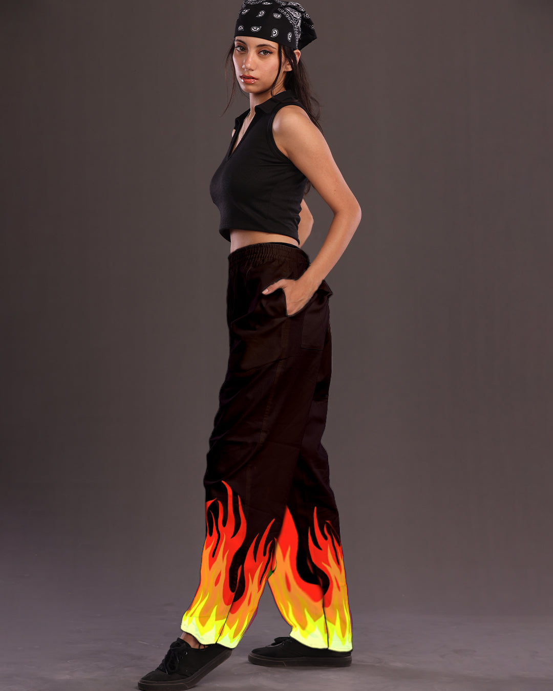 Black Cotton Pants Women: Fire-Inspired Adjustable Style
