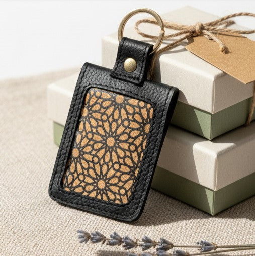 handcrafted black plant leather keychain with printed cork pattern by Green Hermitage