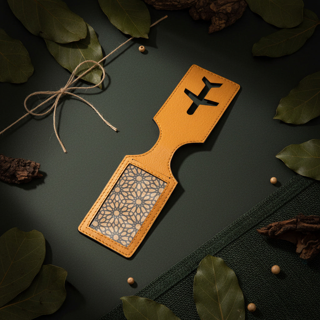 Tan plant leather airplane luggage tag made with cork and sustainable materials