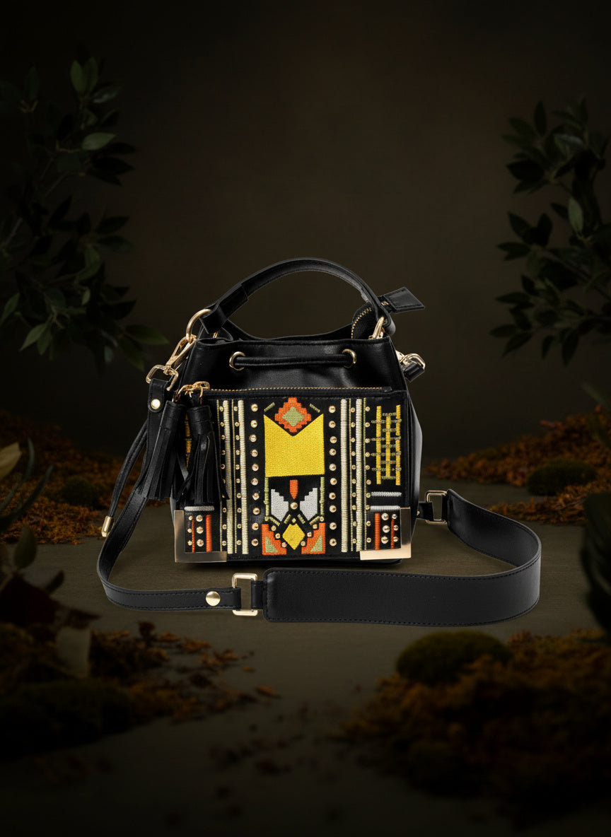 Nora Vegan Leather Embroidered Sling Bag – Black